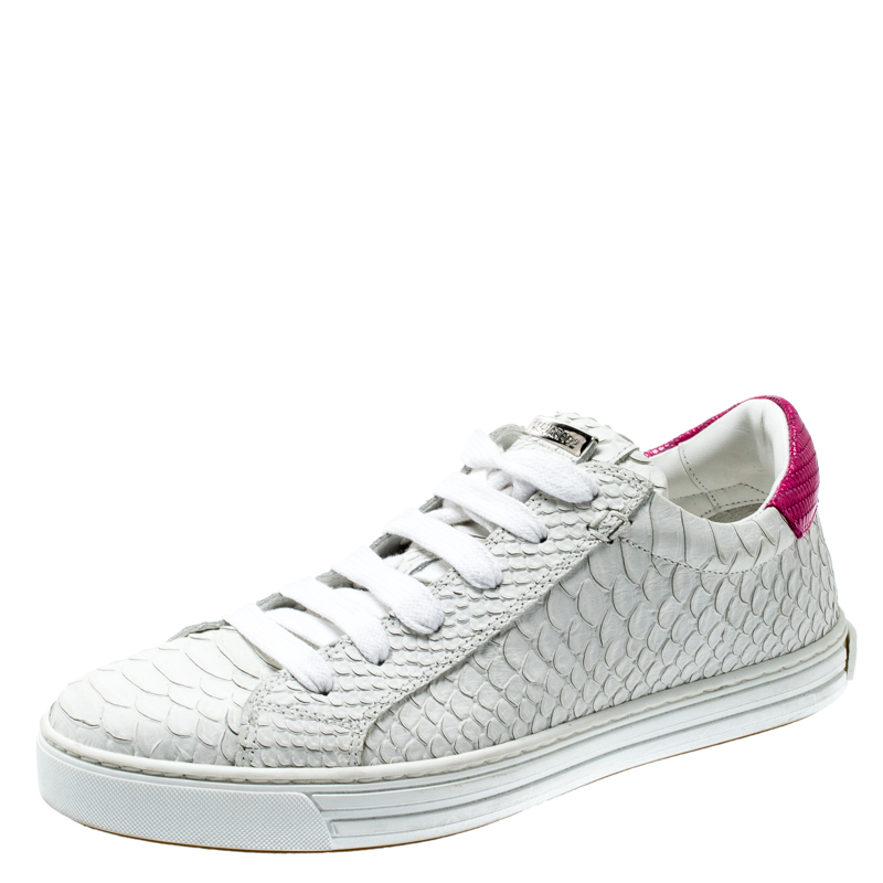 Dsquared2 White And Pink Python Embossed Leather Santa Monica Sneakers Size 37