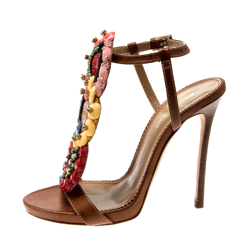 

Dsquared2 Brown Leather Embellished Ankle Strap Sandals Size