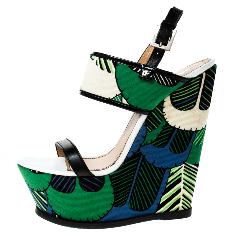 

Dsquared2 Multicolor Printed Canvas and Leather Open Toe Platform Wedge Sandals Size
