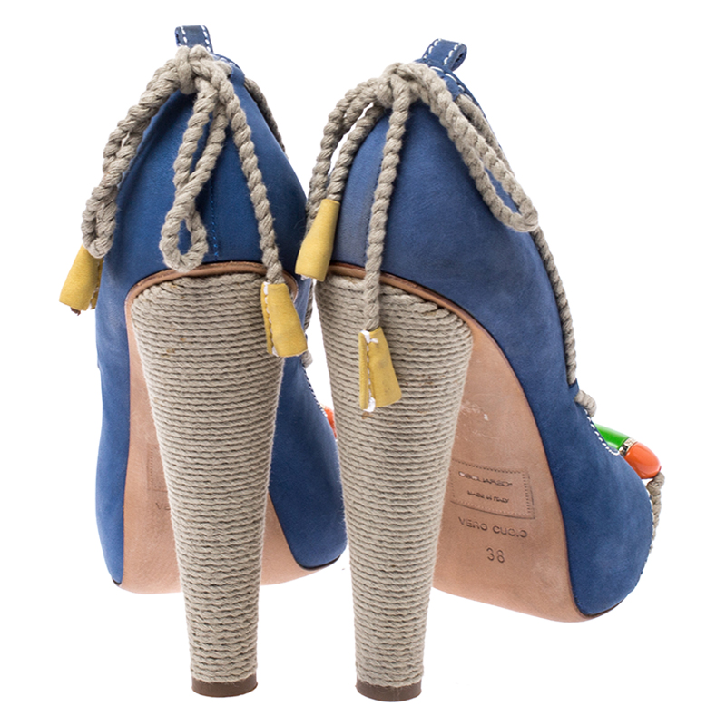 Pre-owned Dsquared2 Blue Nubuck And Jute Trim Embellished Open Toe Block Heel Pumps Size 38