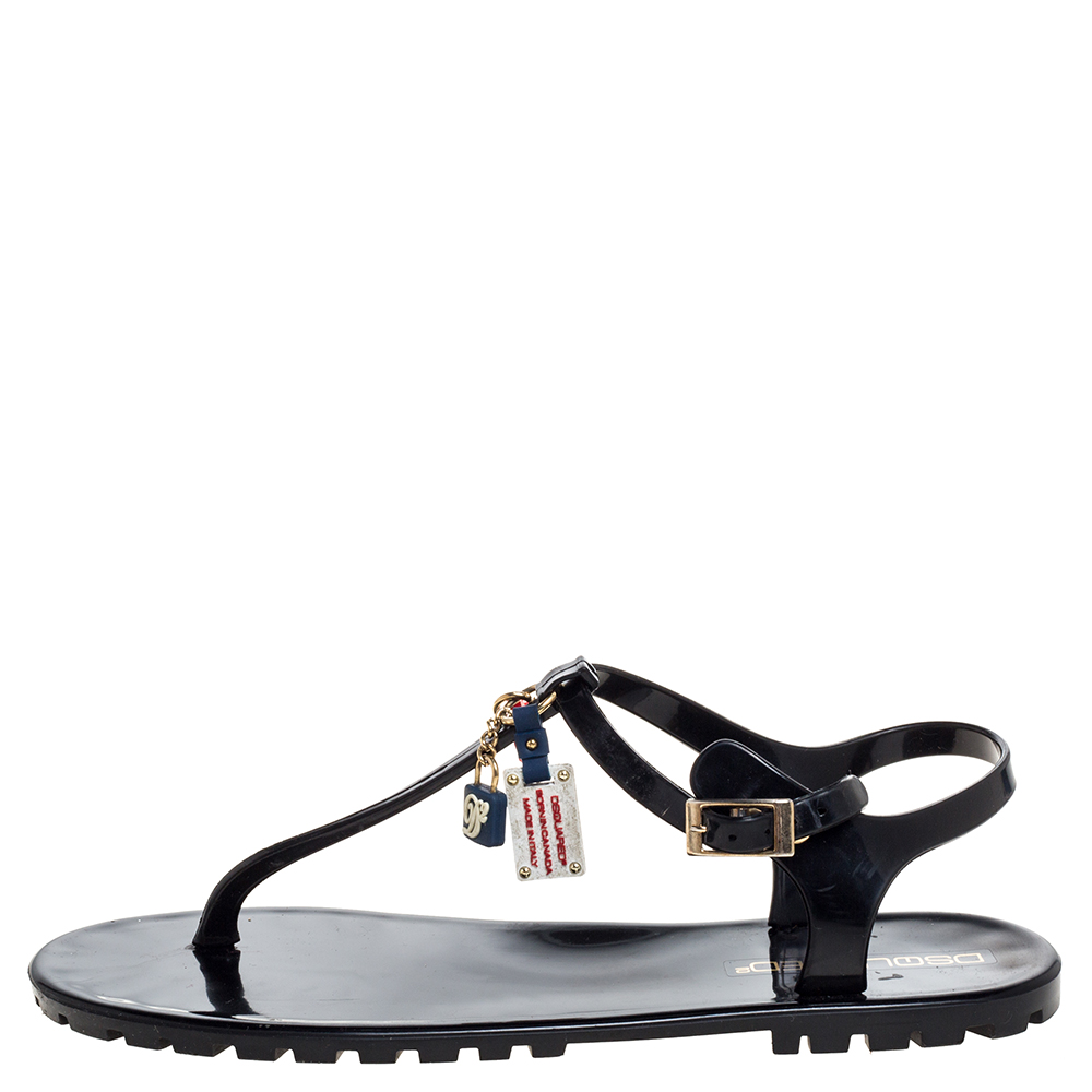 

Dsquared2 Black Jelly Key Embellishment T-Strap Flats Size