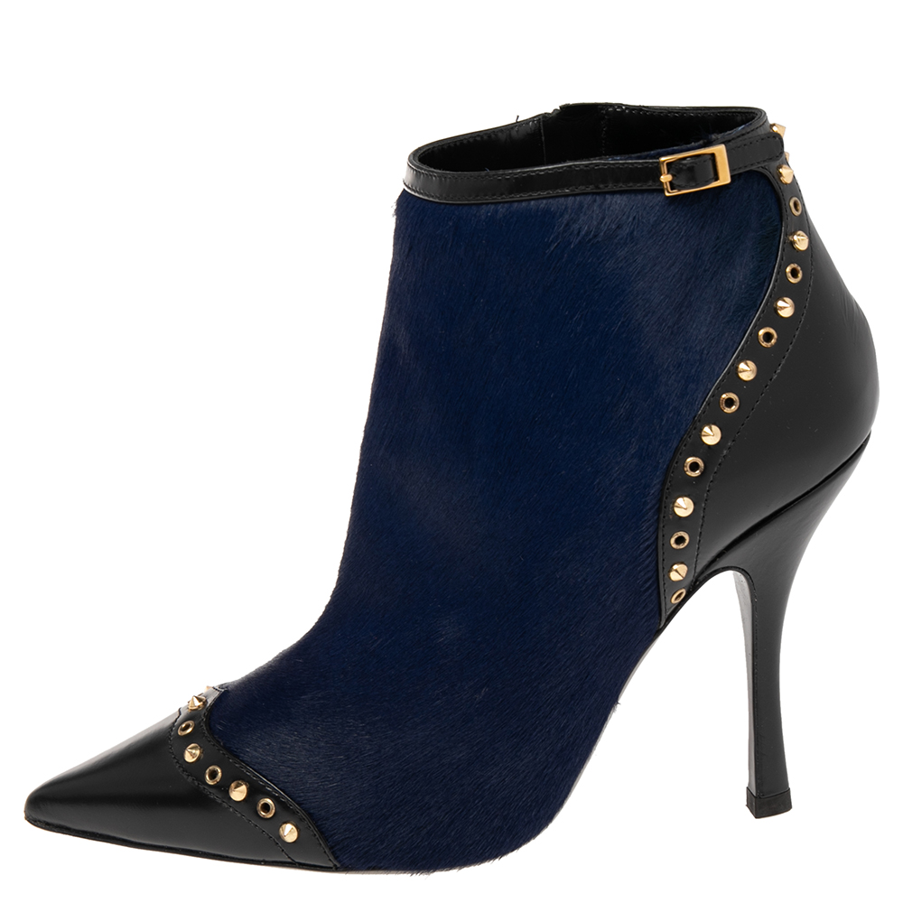 

Dsquared2 Black/Blue Leather And Pony Hair Spike Studded Pointed Toe Ankle Boots Size