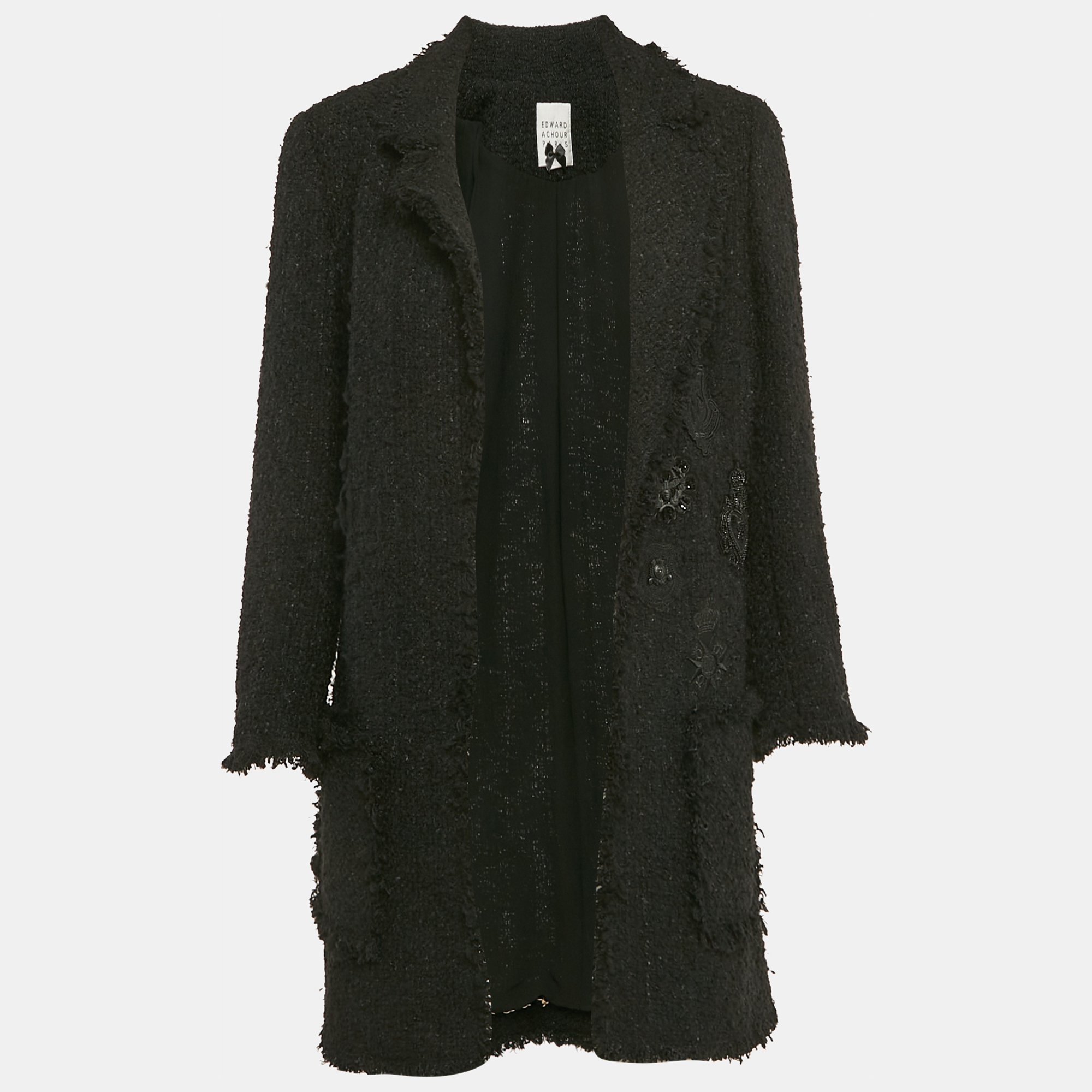 

Edward Achour Paris Tweed Applique Detail Open Front Coat M, Black