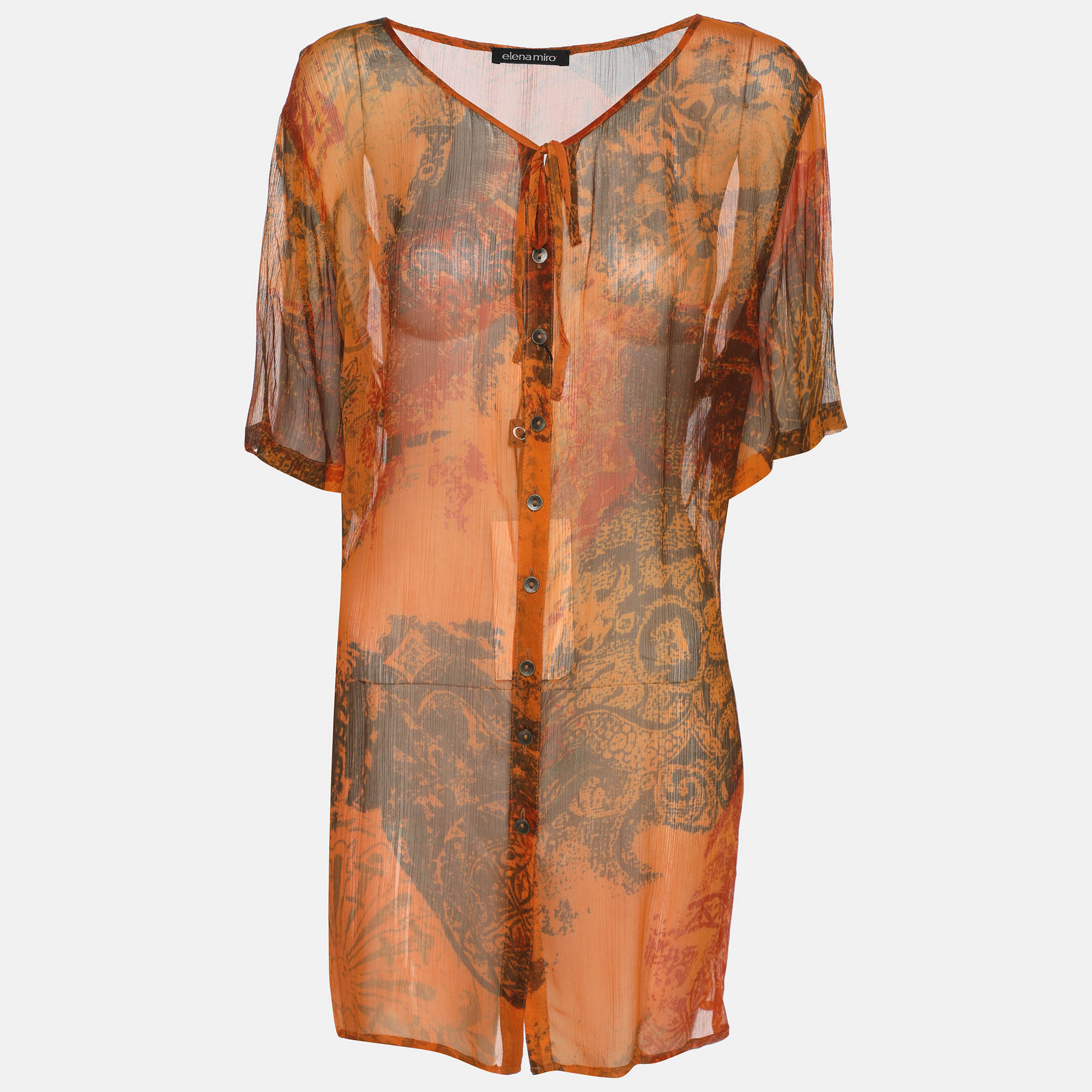 Pre-owned Elena Miro' Orange Printed Chiffon Blouse L