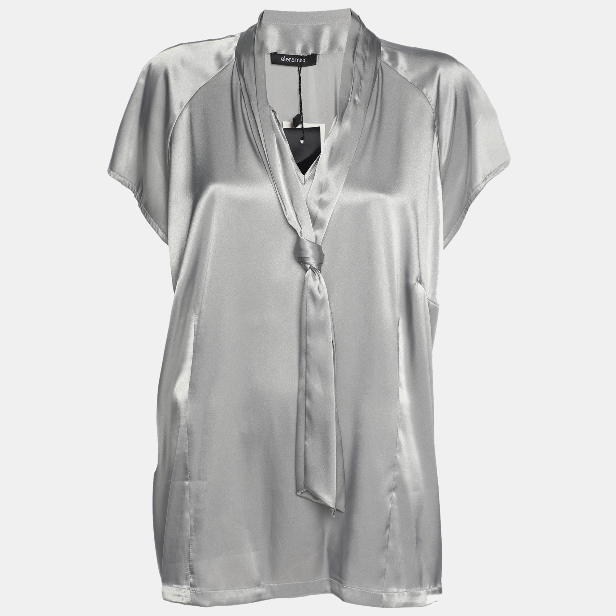 Pre-owned Elena Miro' Grey Stretch Satin Neck Tie Tops Xxl In Gray