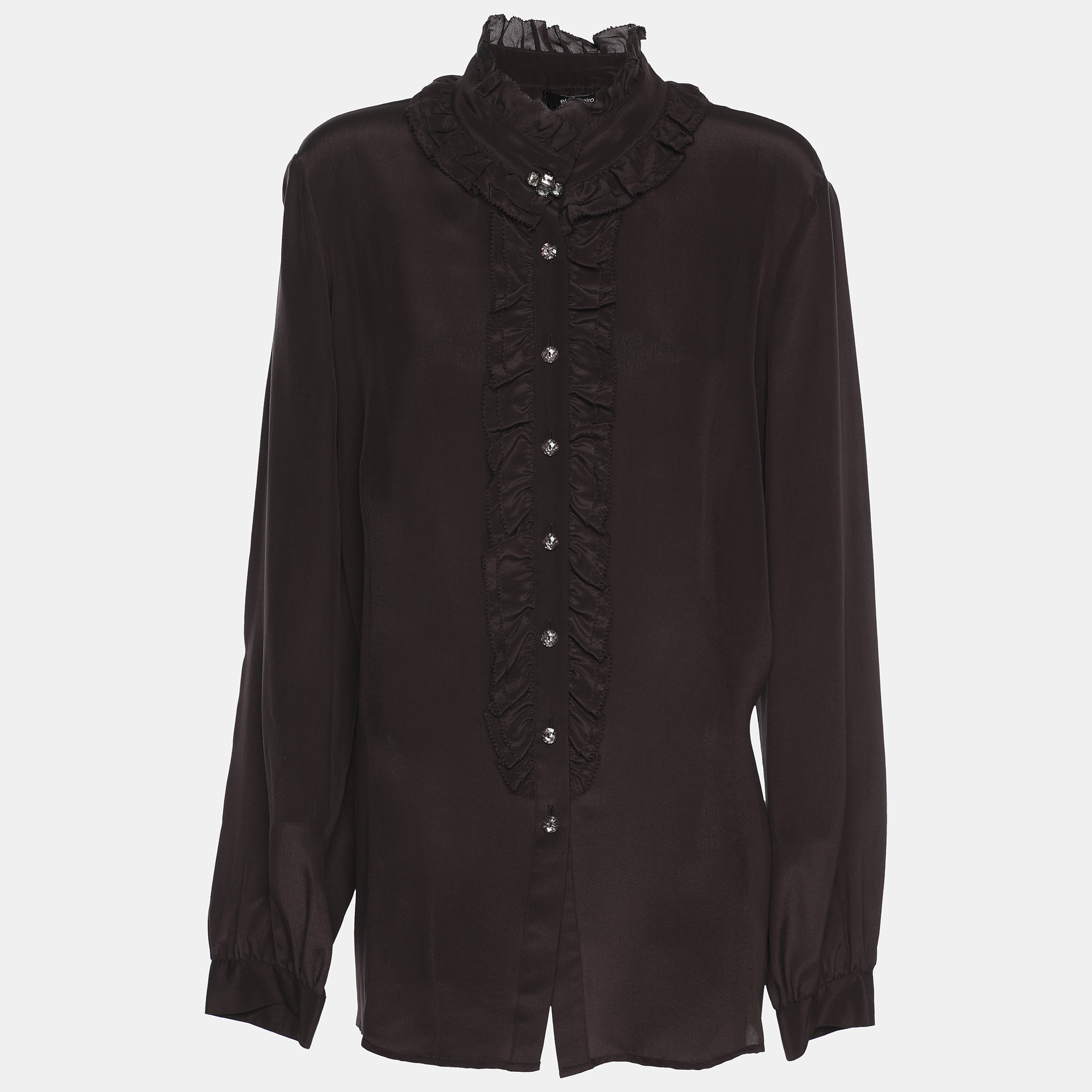 Elena Miro Dark Brown Chiffon Ruffle Front Long Sleeve Shirt L
