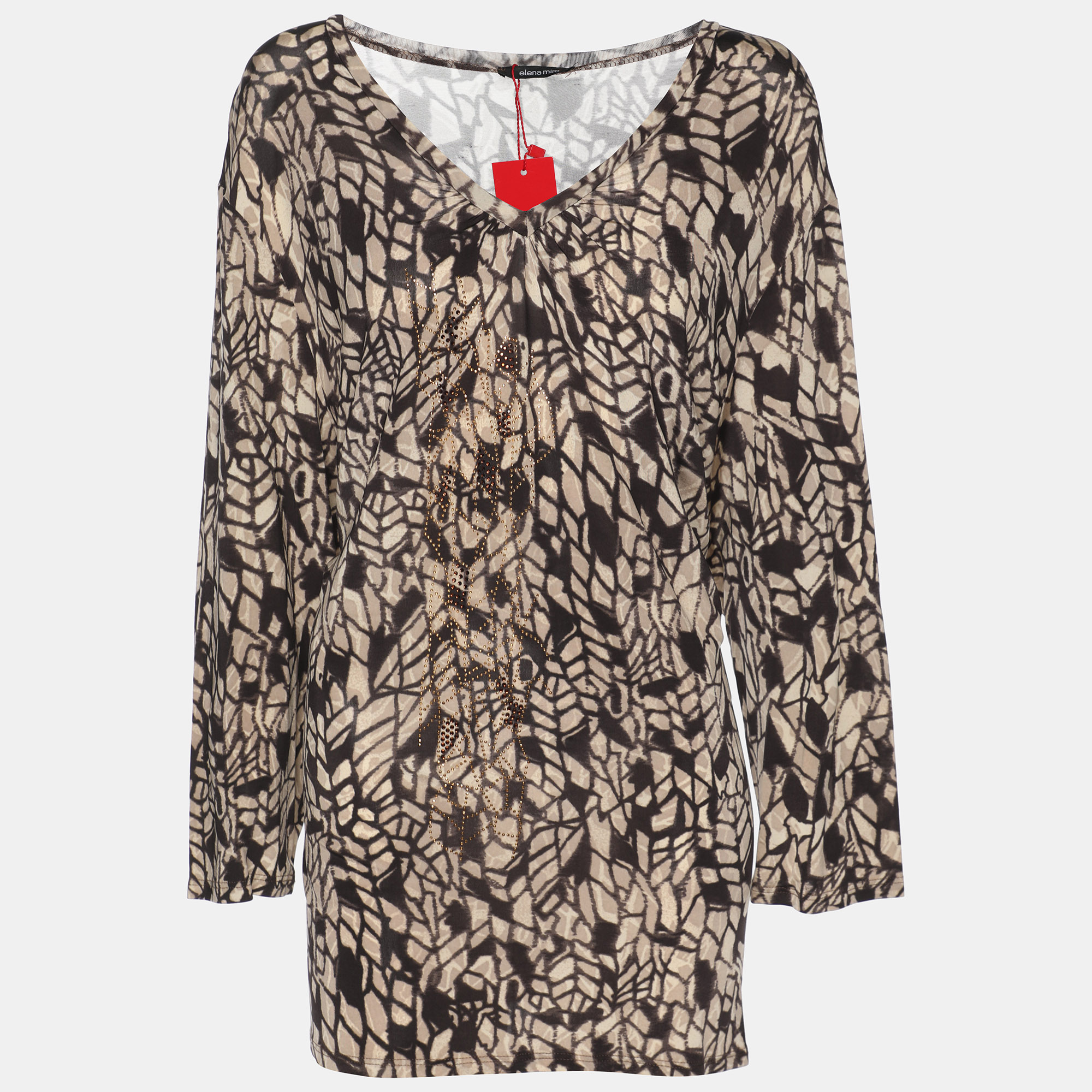 Pre-owned Elena Miro' Printed Jersey Embellished V Neck Top Xl In Brown