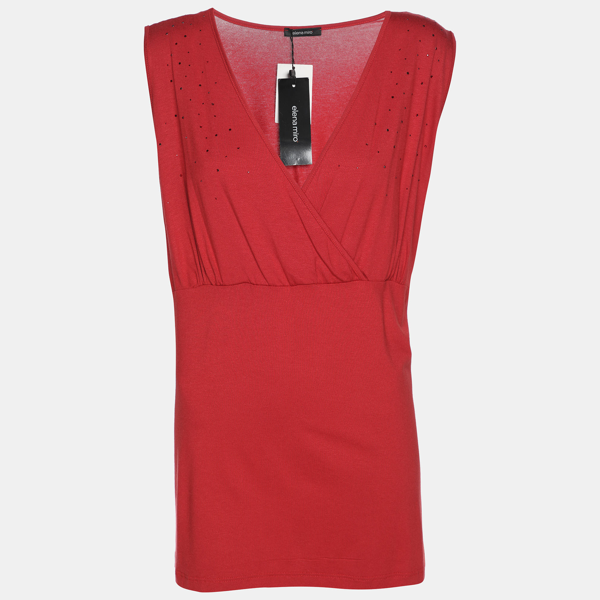 

Elena Miro Red Jersey Crystal Embellished V Neck Tops L