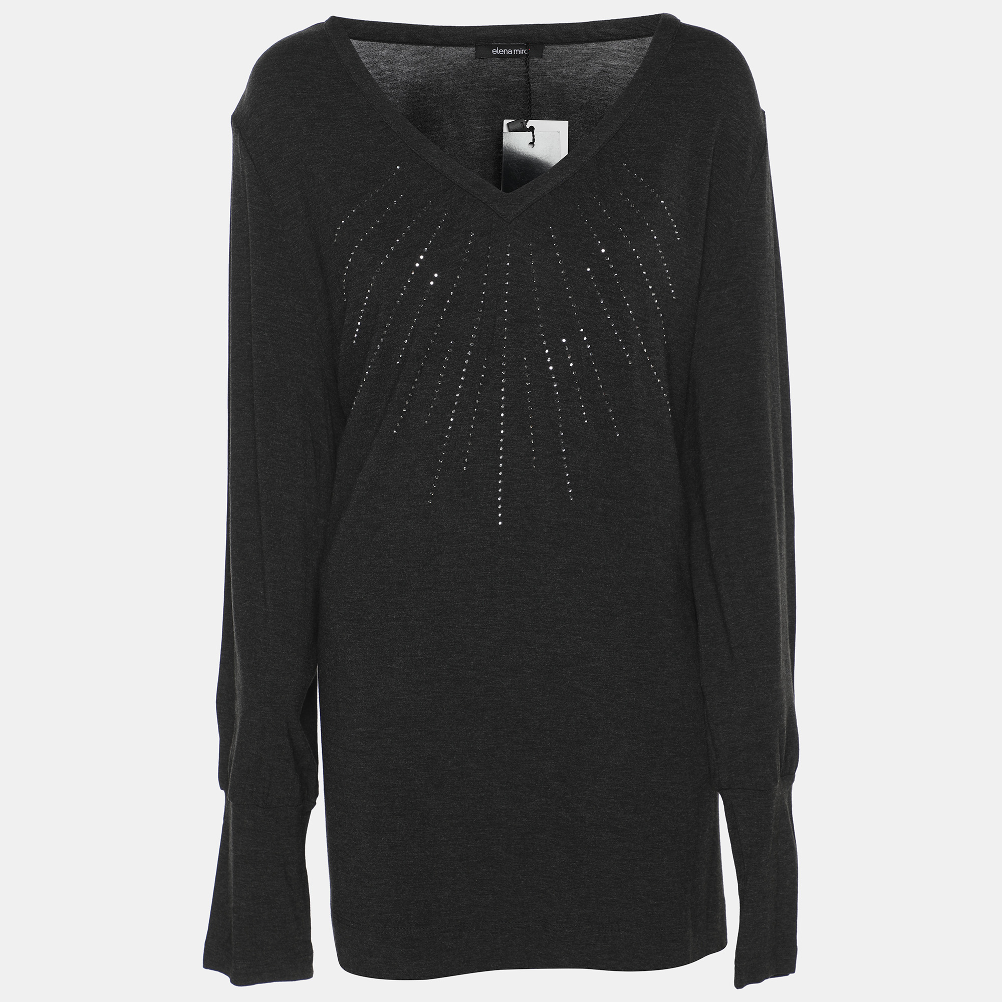 

Elena Miro Dark Grey Jersey Embellished V Neck Top XXL