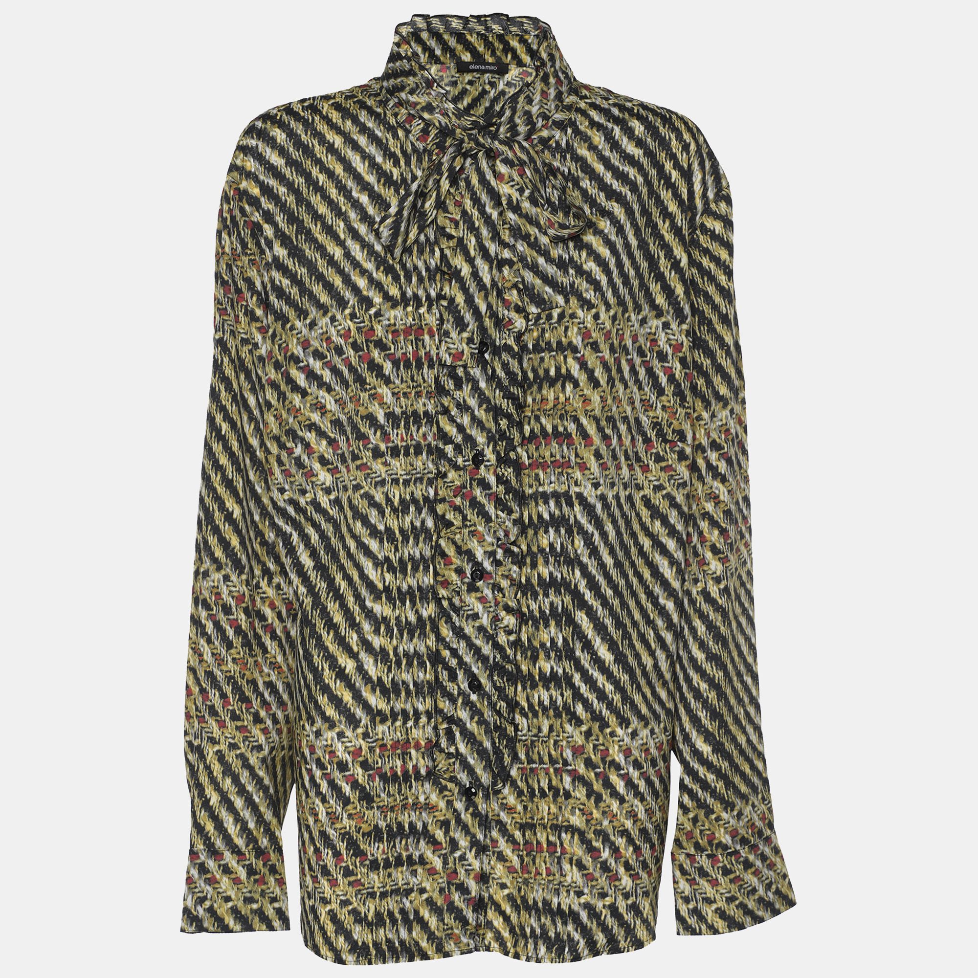 Pre-owned Elena Miro' Multicolor Tweed Print Crepe Pintuck Neck Tie Shirt L