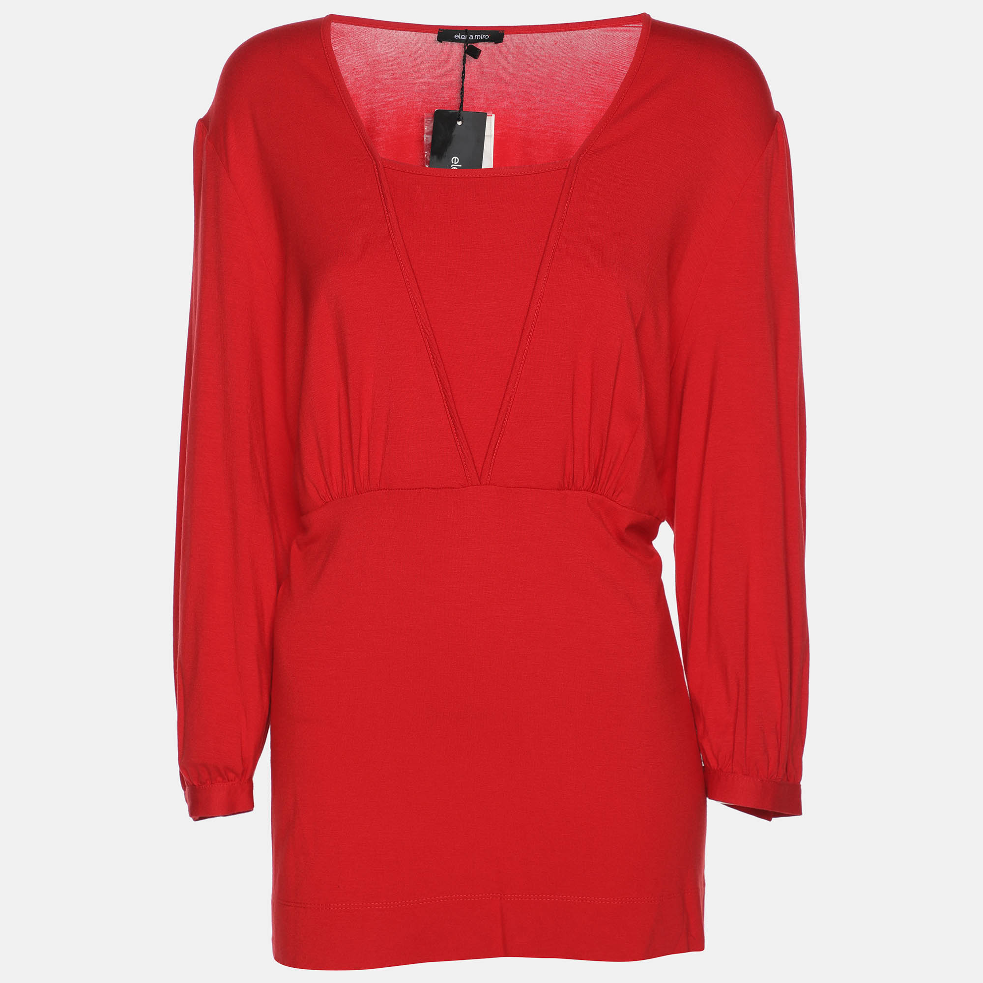 Pre-owned Elena Miro' Red Jersey V Nick 3/4 Sleeve Blouse L
