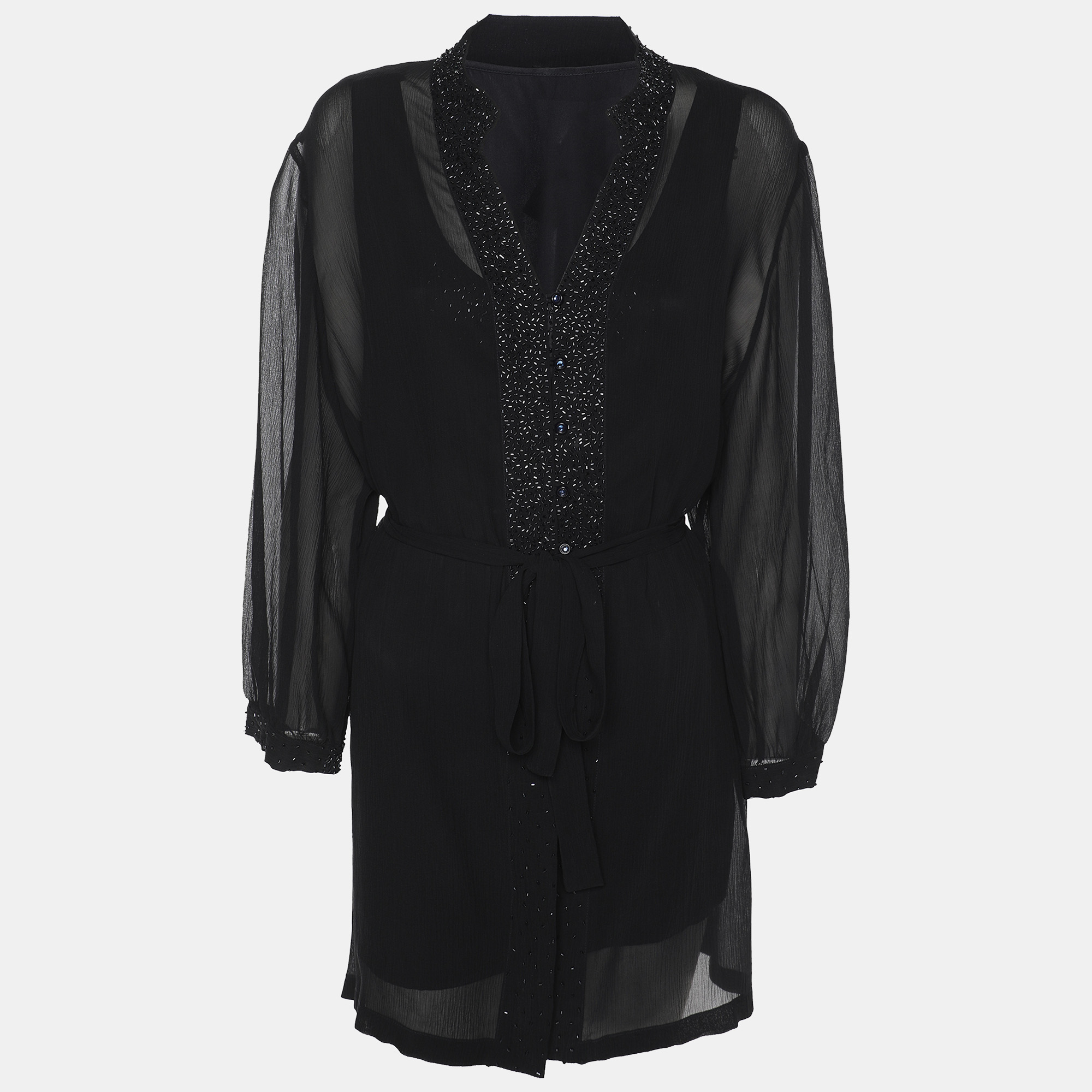 Elena Miro Black Chiffon Embellished Long Sleeve Shirt Set XL