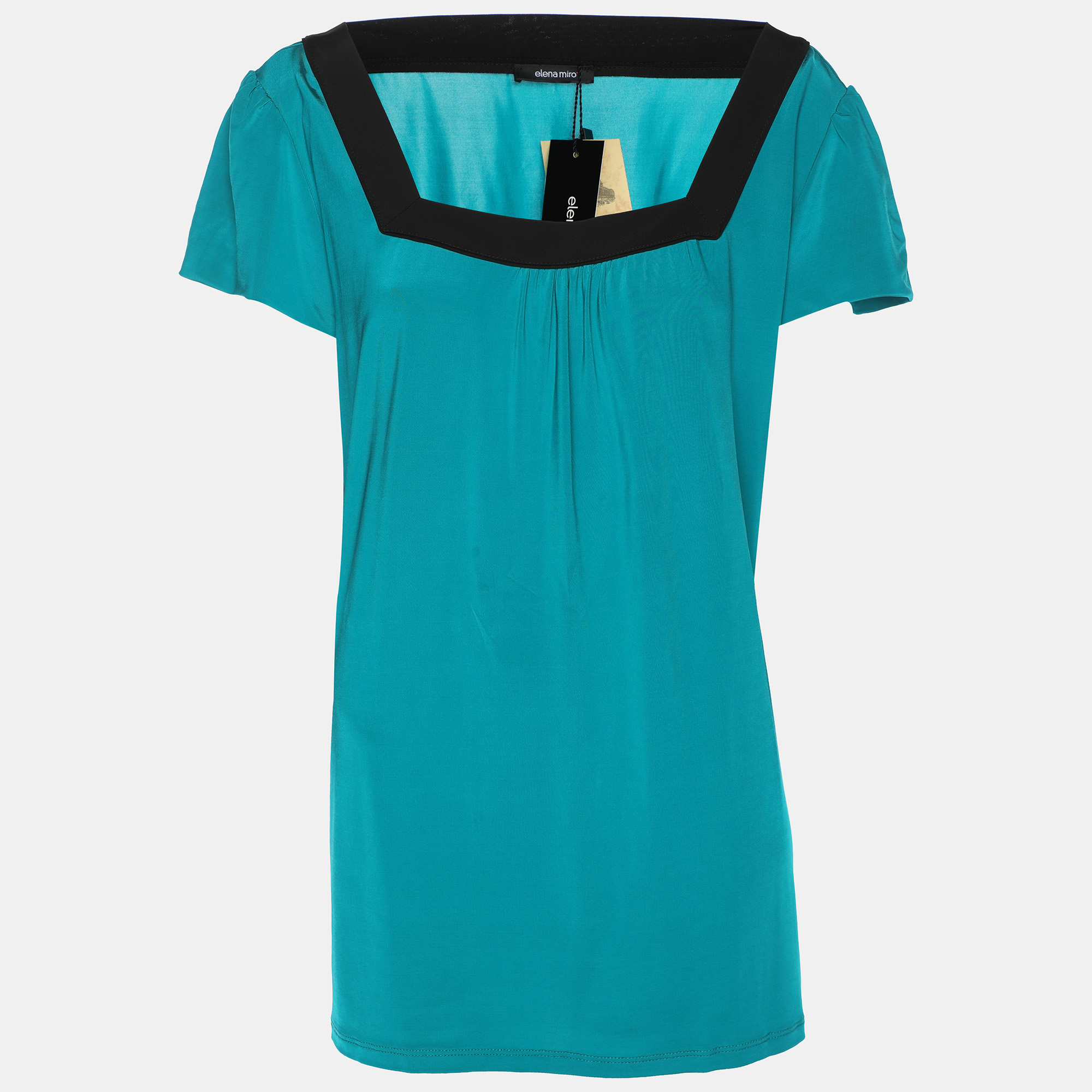 

Elena Miro Green/Black Jersey Square Neck Cap Sleeve Top L