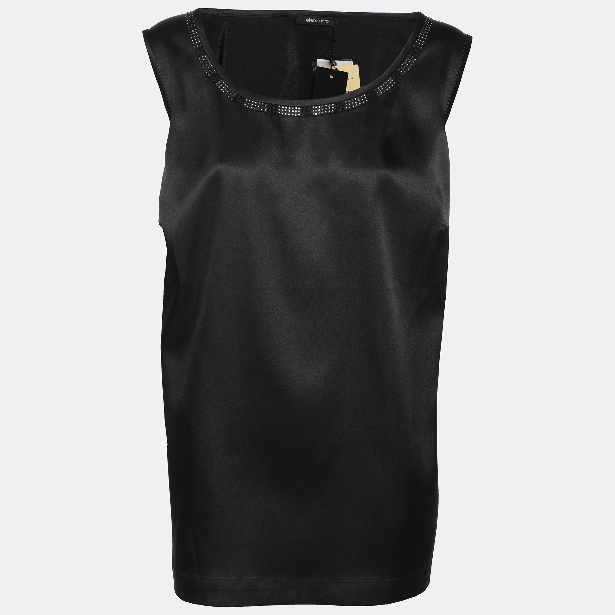 Pre-owned Elena Miro' Black Satin Crystal Embellished Sleeveless Camisole L