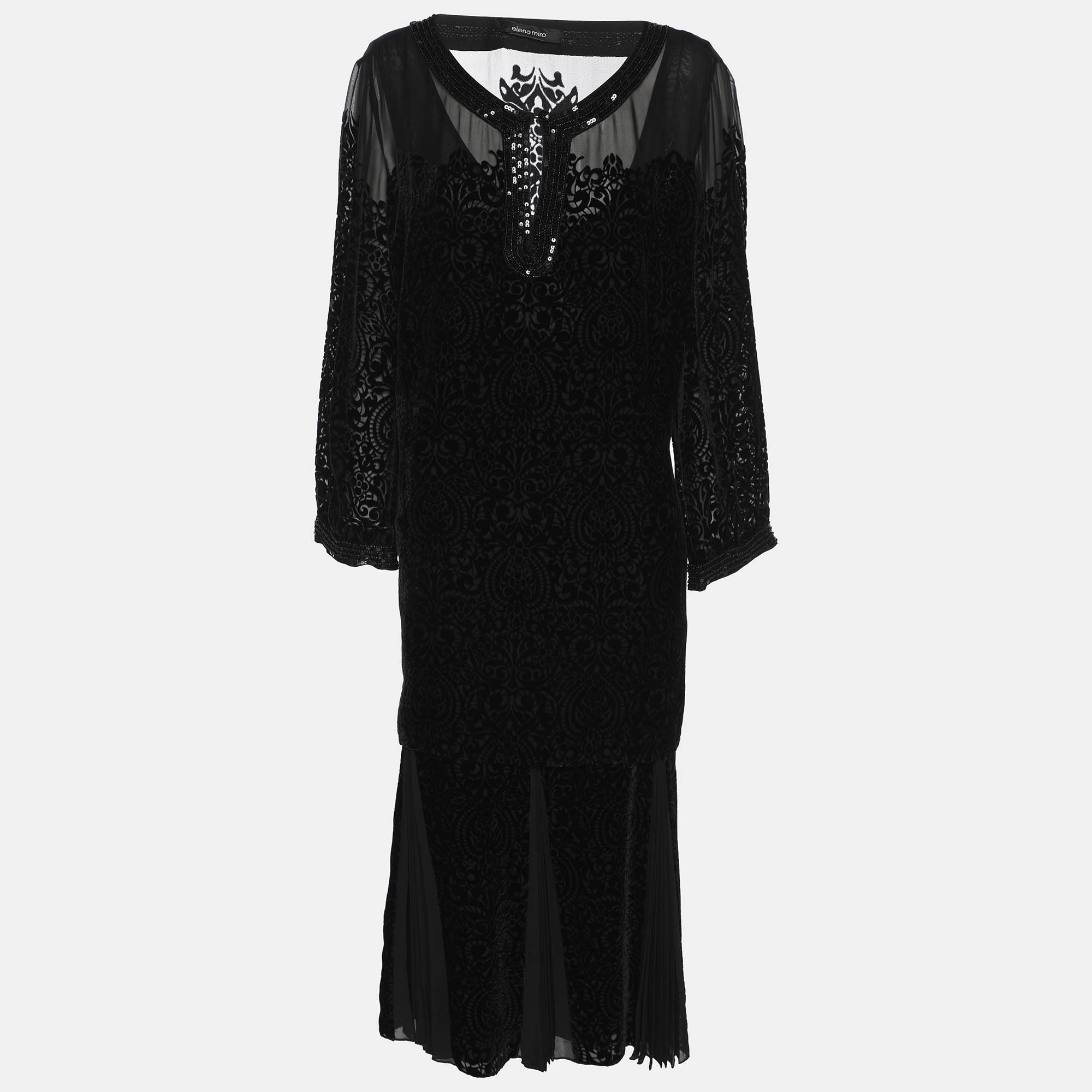 Pre-owned Elena Miro' Black Devore Shirt And Skirt Set Xl