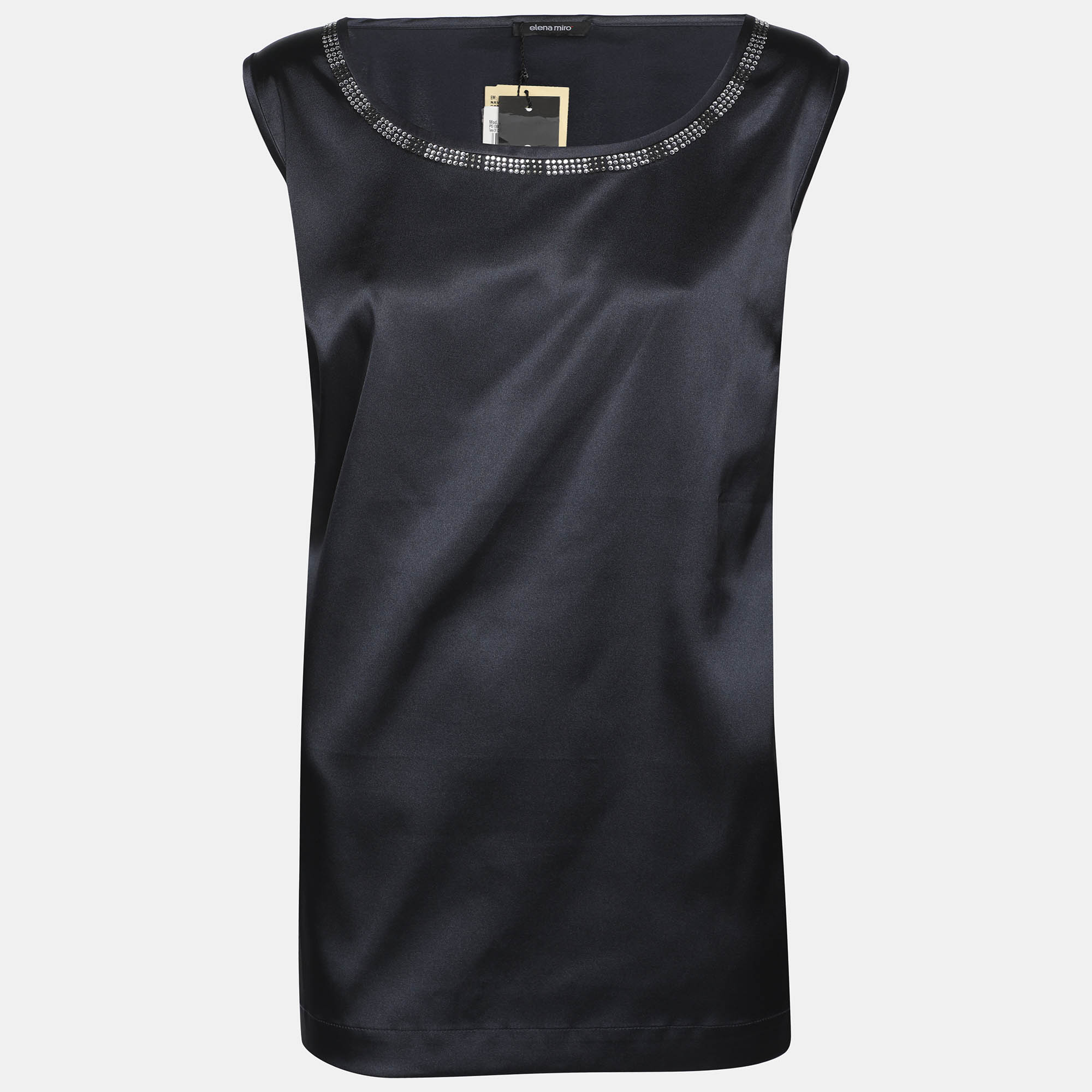 

Elena Miro Midnight Blue Satin Crystal Embellished Neck Sleeveless Tops L