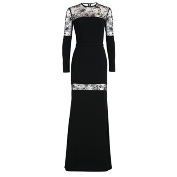 Pre Owned Elie Saab Black Lace-Detailed Long-Sleeved Gown S