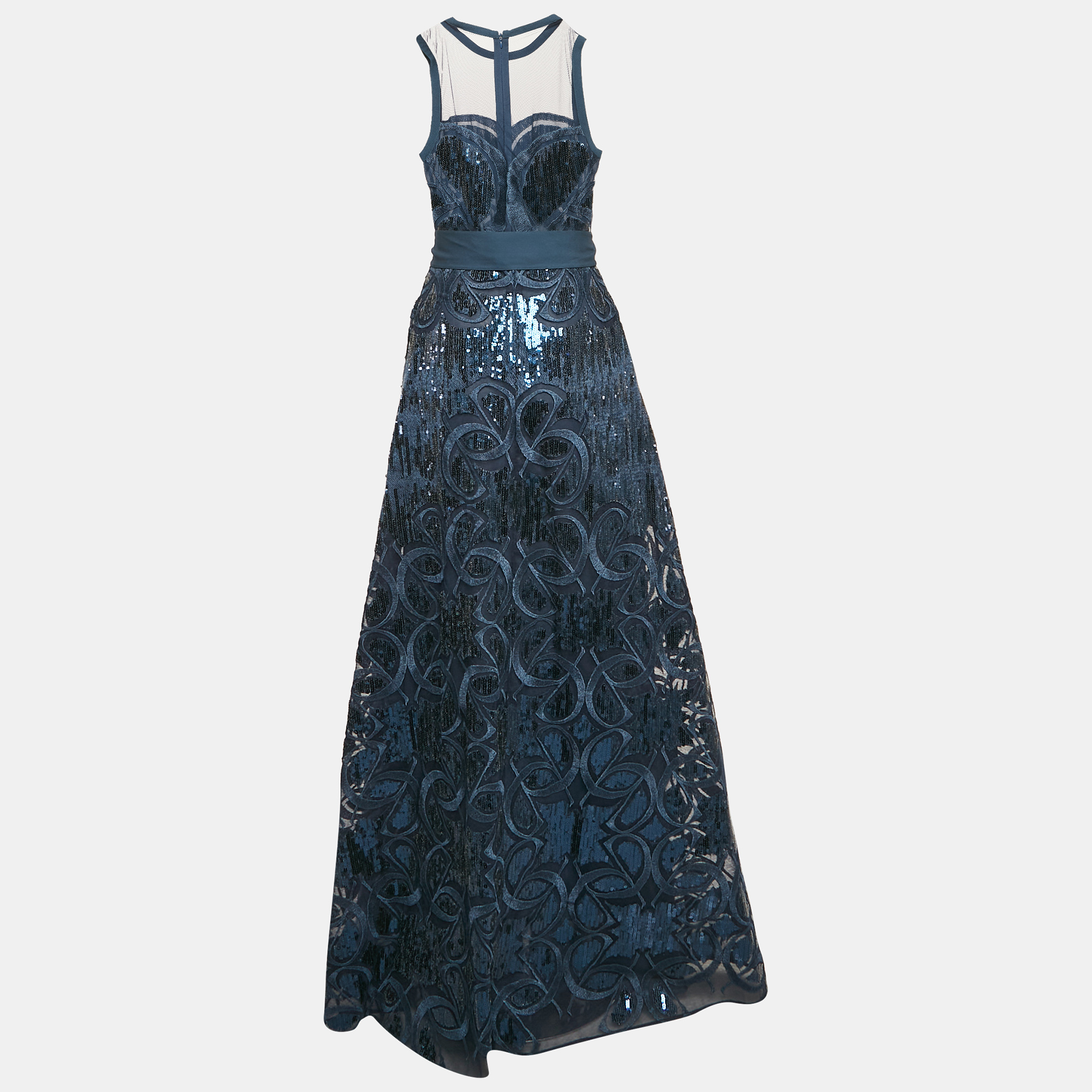 

Elie Saab Orion Blue Sequin Embroidered Tulle Sleeveless Gown S