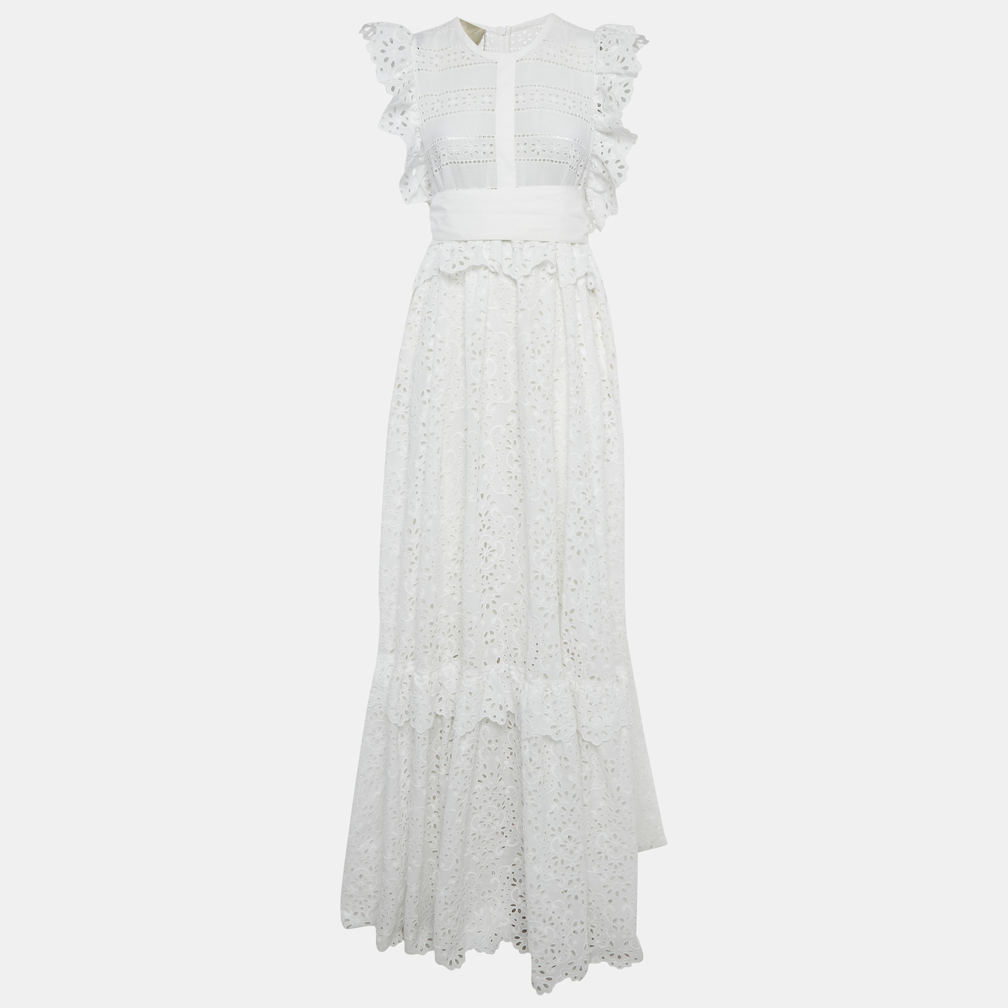 

Elie Saab White Broderie Anglaise Cotton Tiered Maxi Dress M