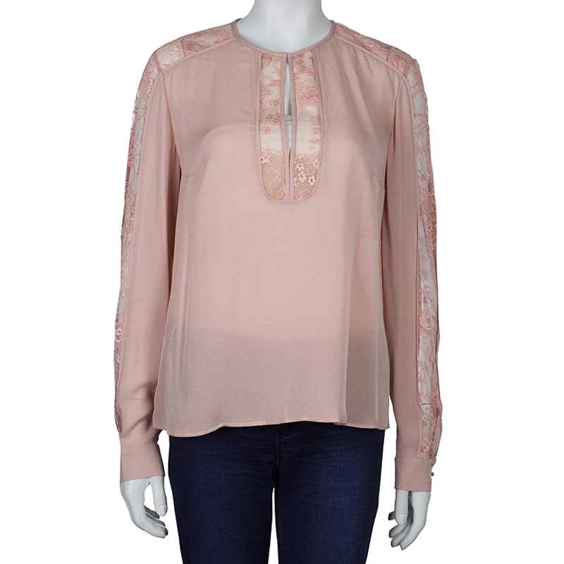 

Elie Saab Blush Pink Lace Detail Long Sleeve Silk Blouse