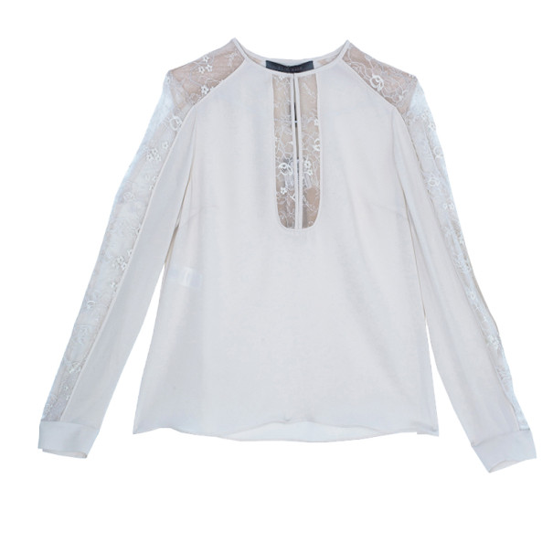 Pre Owned Elie Saab Cream Silk Lace-Detailed Tunic M