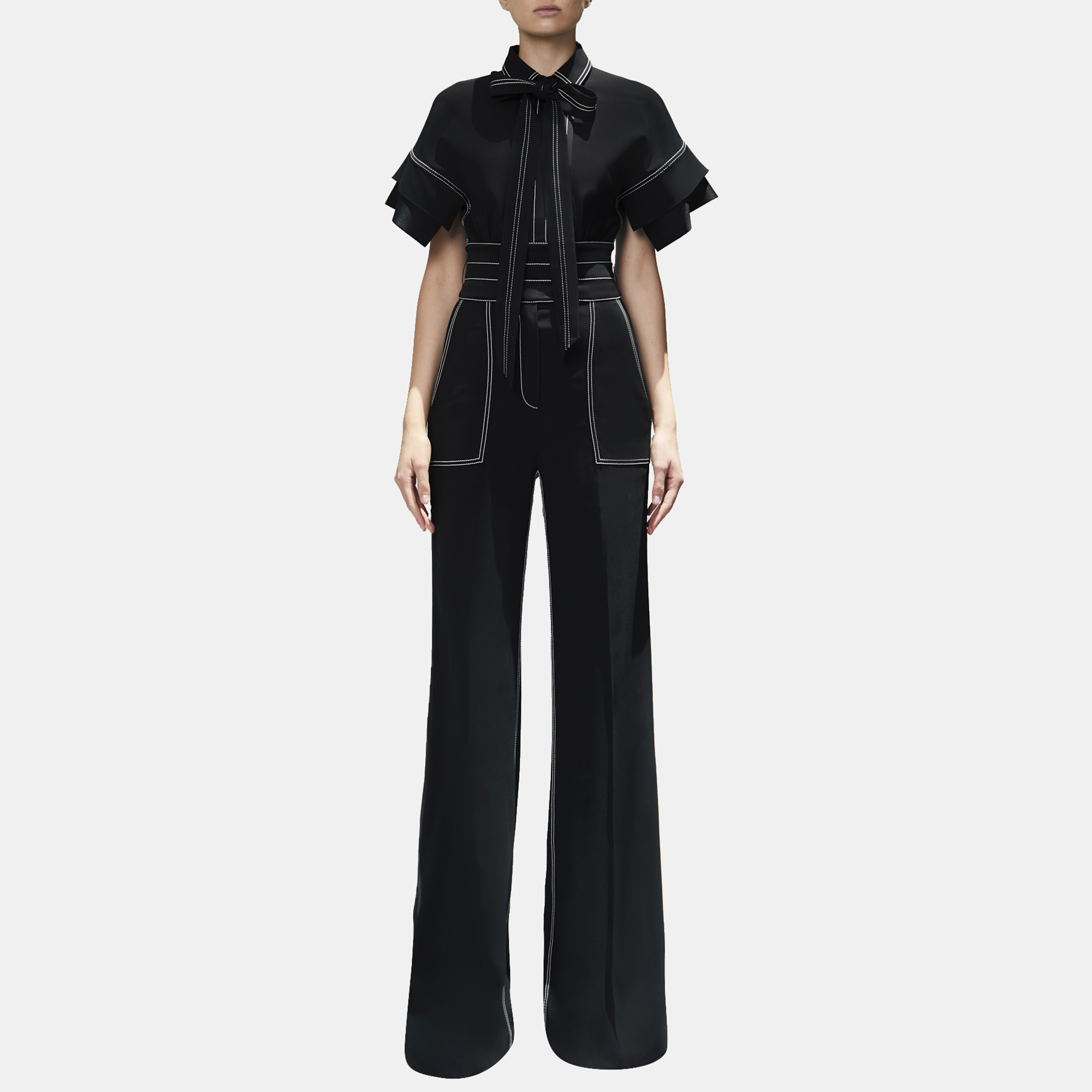 

Elie Saab Black Crepe Stich Detail Wide Leg Jumpsuit