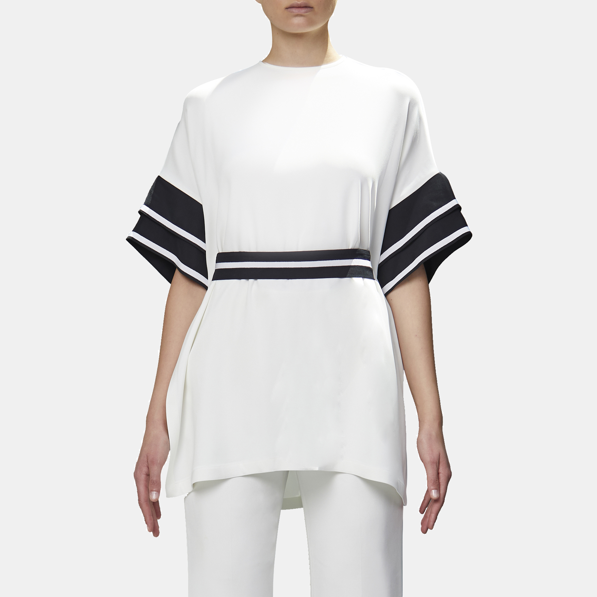 Pre Owned Elie Saab White & Black Crepe Belted Tunic L