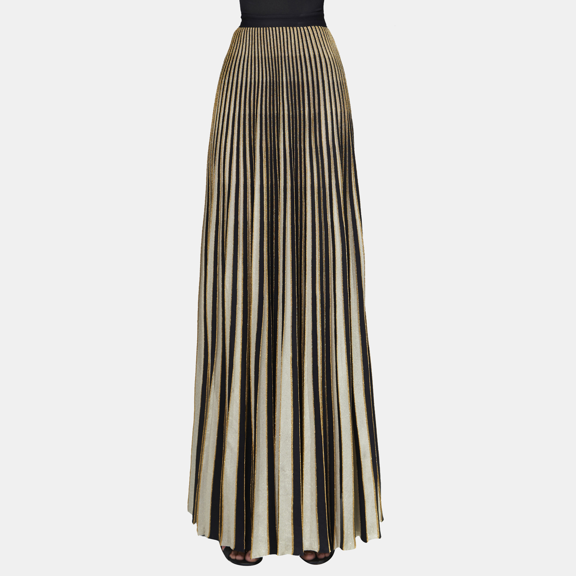 Pre-owned Elie Saab Black & Gold Pleated Knit Long Skirt M