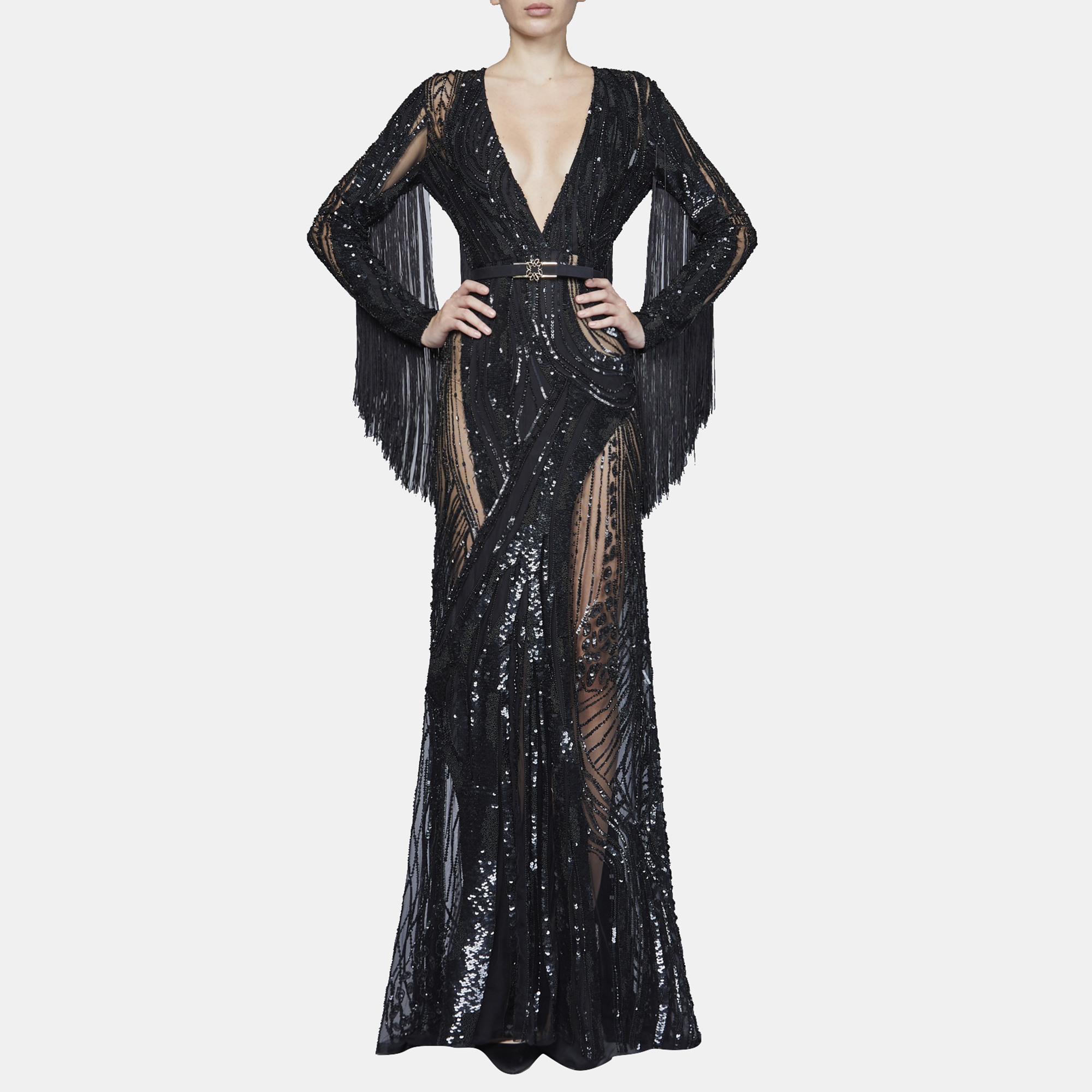 

Elie Saab Dark Waves Embellished Fringe Details Long Sleeve Gown, Black