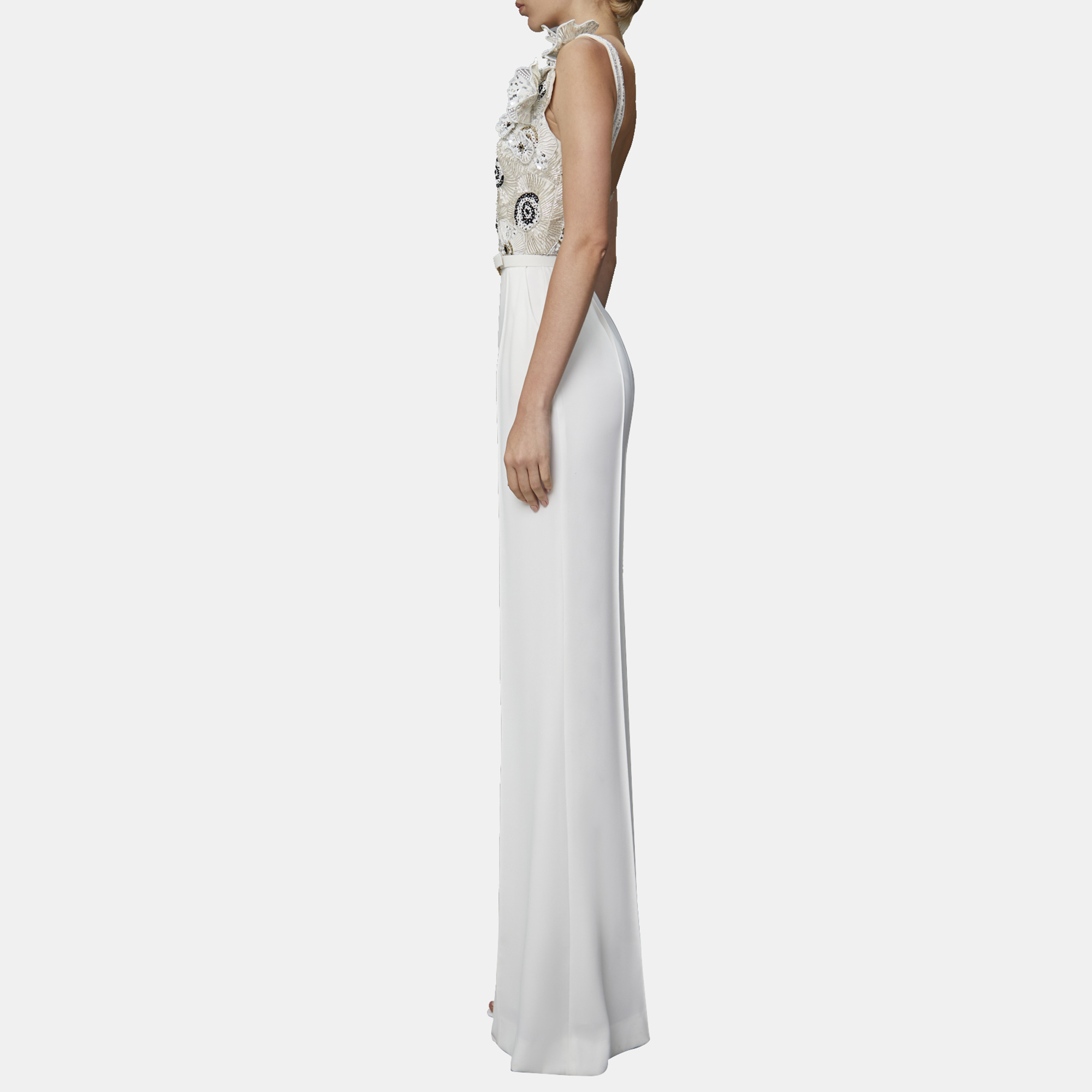 

Elie Saab White 3D Floral Embellished Wide Leg Jumpsuit