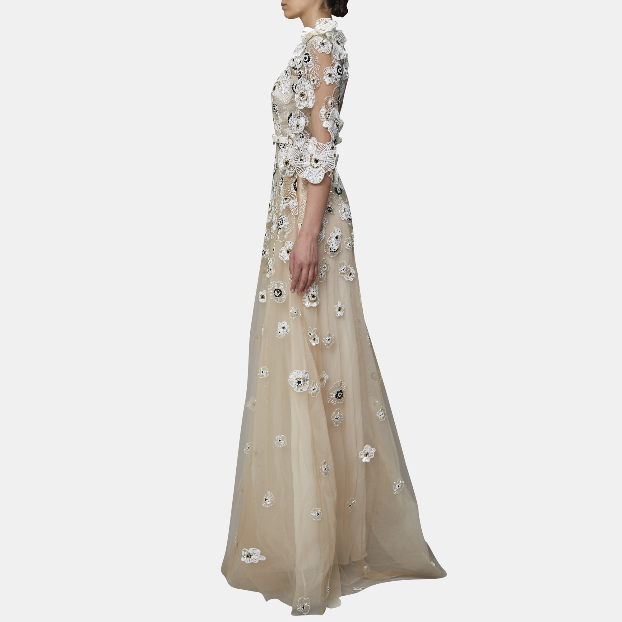 

Elie Saab 3D Floral Embroidered Silk Bell Sleeve Long Dress, White