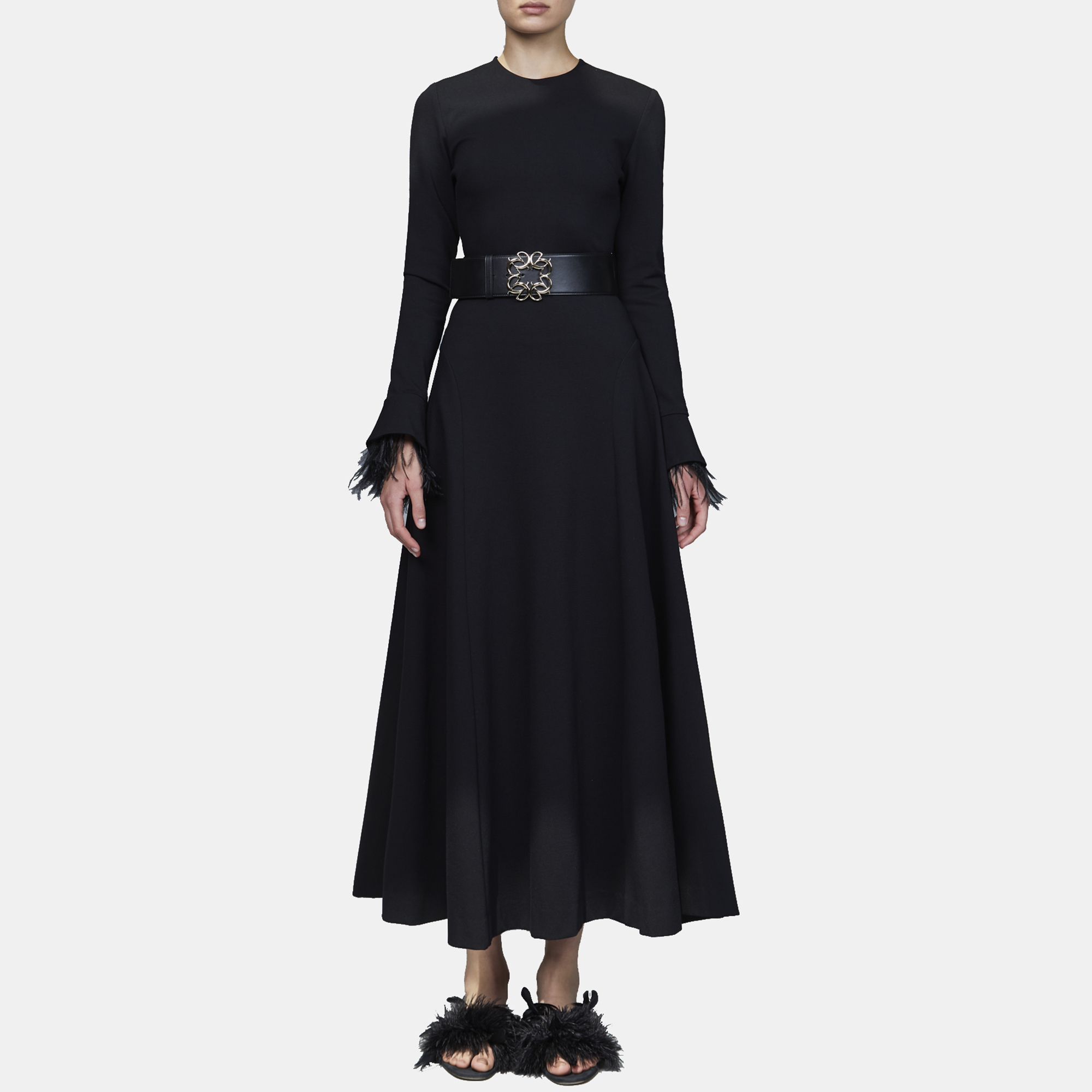 Pre Owned Elie Saab Black Jersey Feather Trim Long Sleeve Midi Dress M