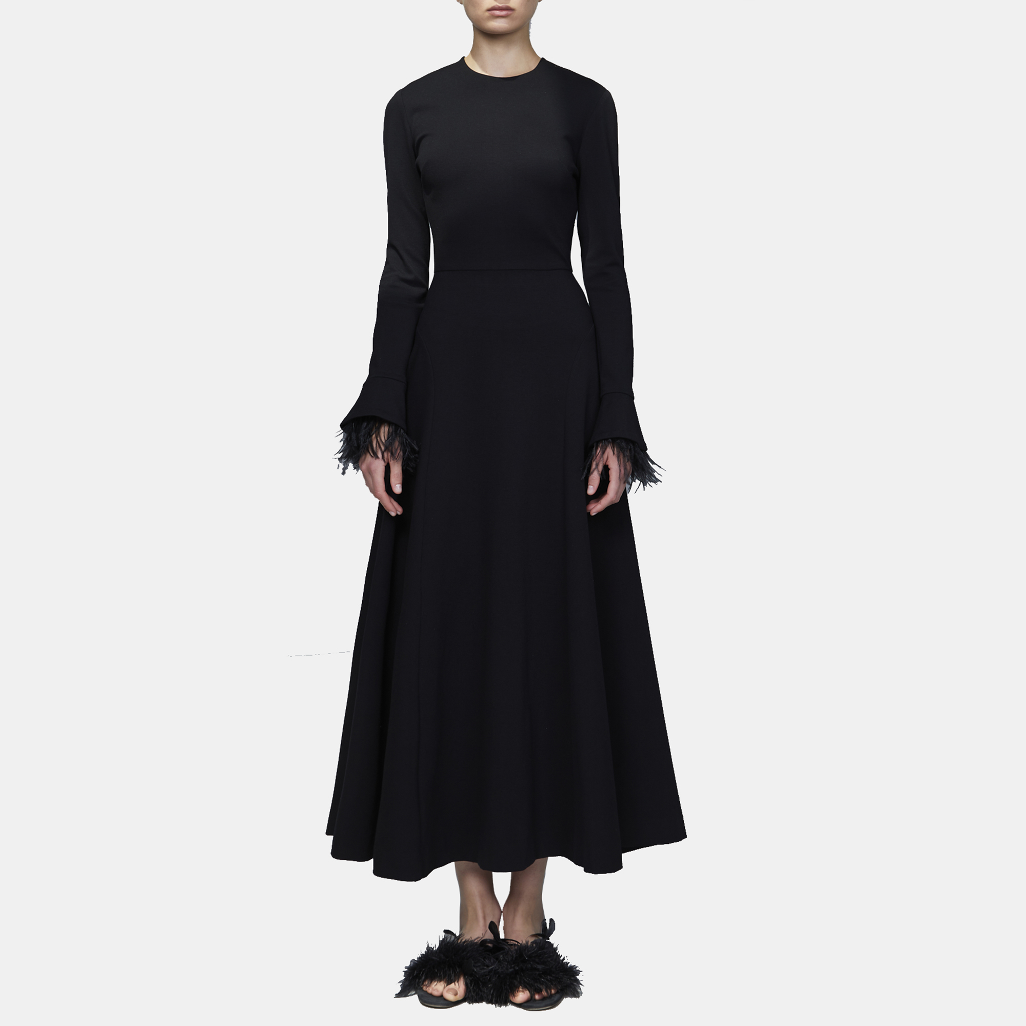 

Elie Saab Black Jersey Feather Trim Long Sleeve Midi Dress