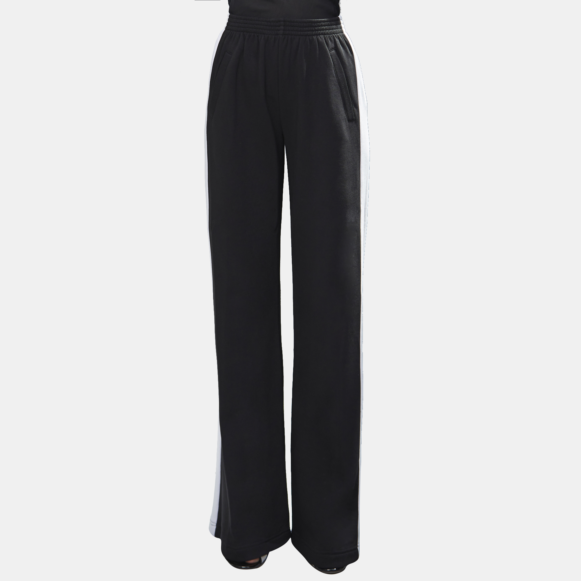 Pre Owned Elie Saab Black & White Cotton Side Stripe Wide Leg Trousers M