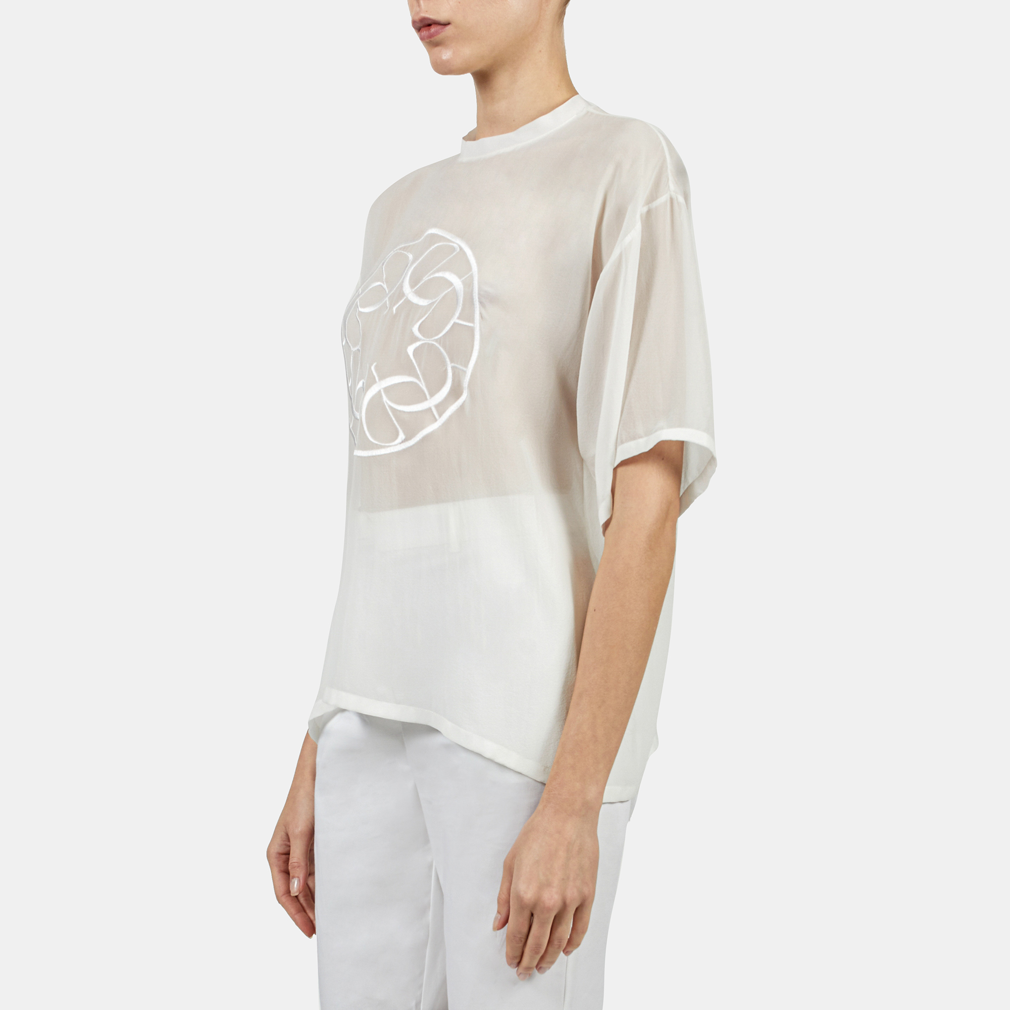 

Elie Saab White Silk Monogram Embroidered T-Shirt