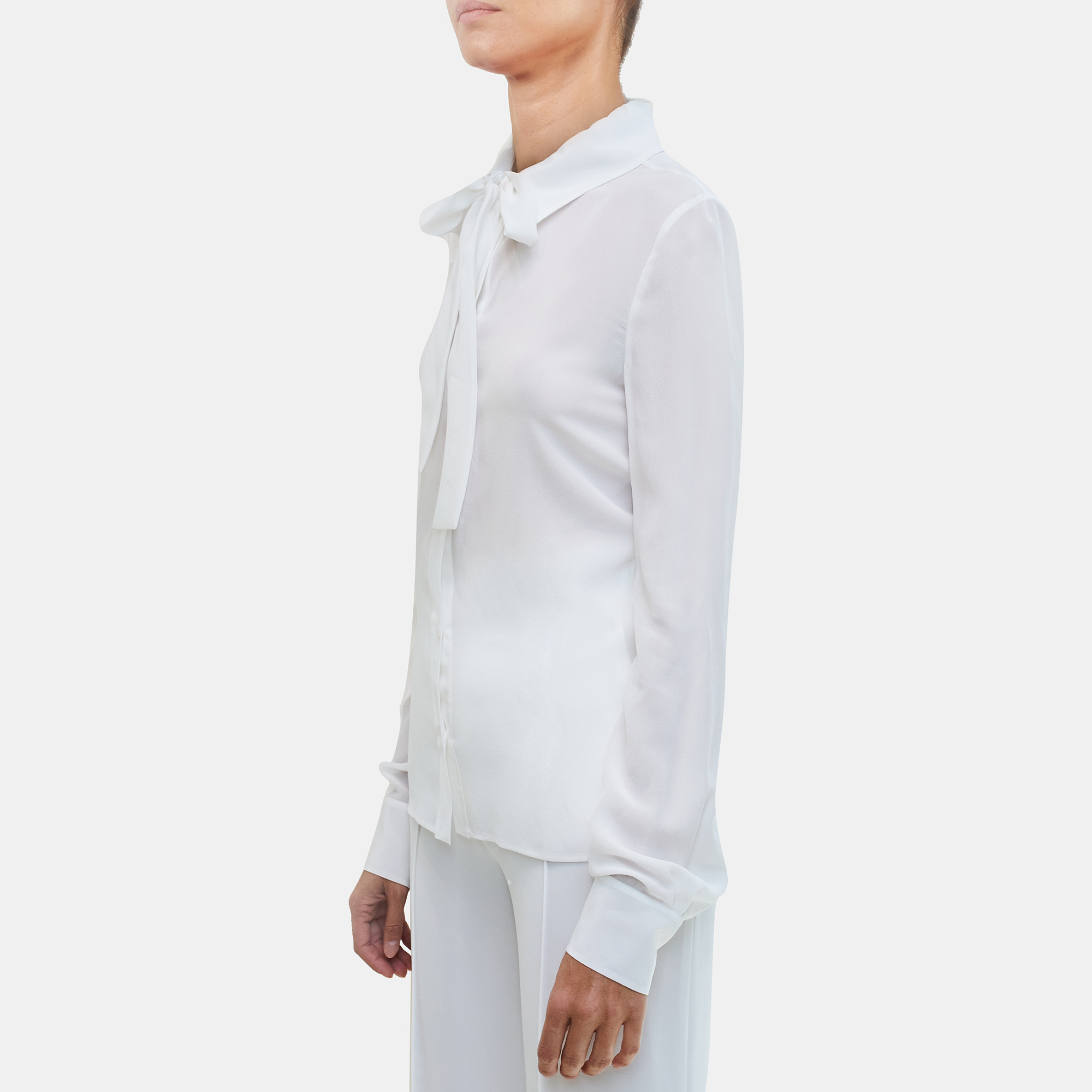 

Elie Saab White Silk Bow Tie Neck Long Sleeve Shirt