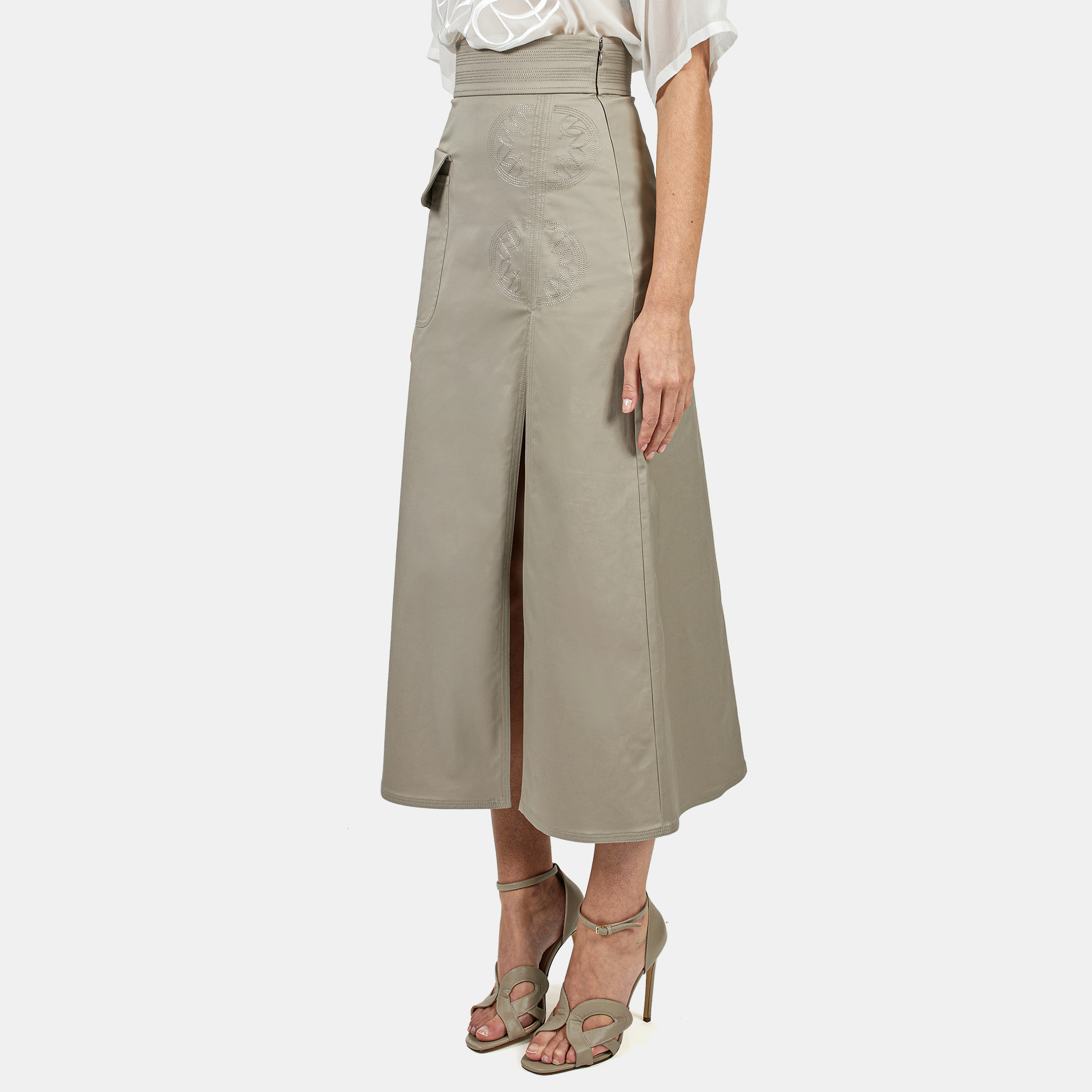 

Elie Saab Castle Wall Gabardin Front High Slit Midi Skirt, Beige