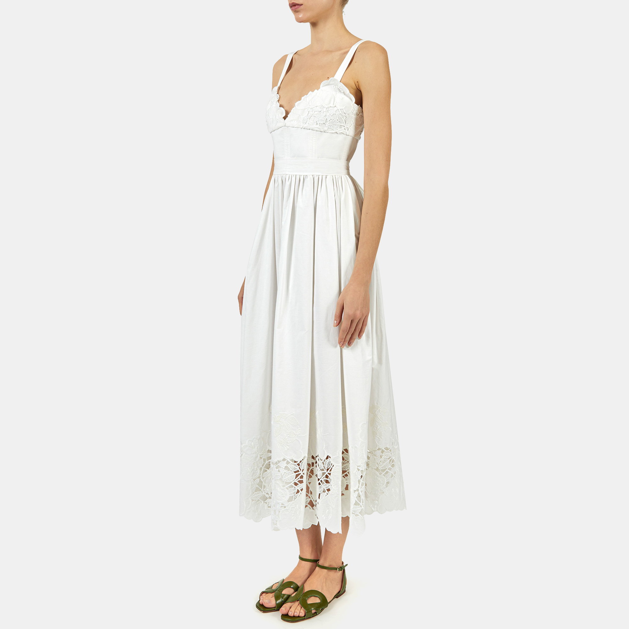 

Elie Saab White Cotton Lace Insert Midi Dress