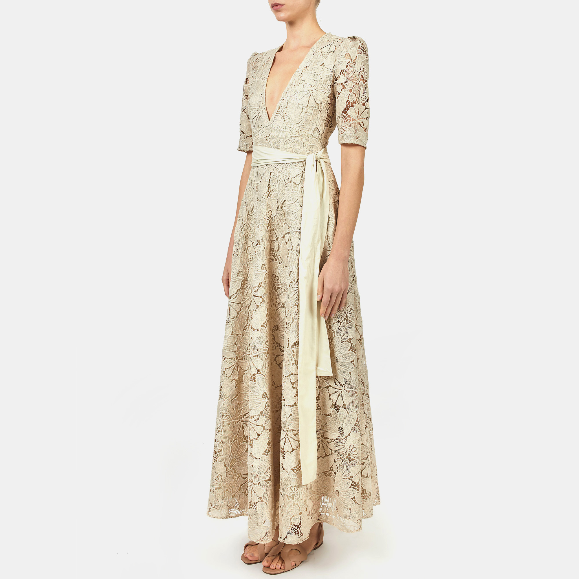 

Elie Saab Castle Wall Macrame Lace 3/4 Sleeve V Neck Long Dress, Beige