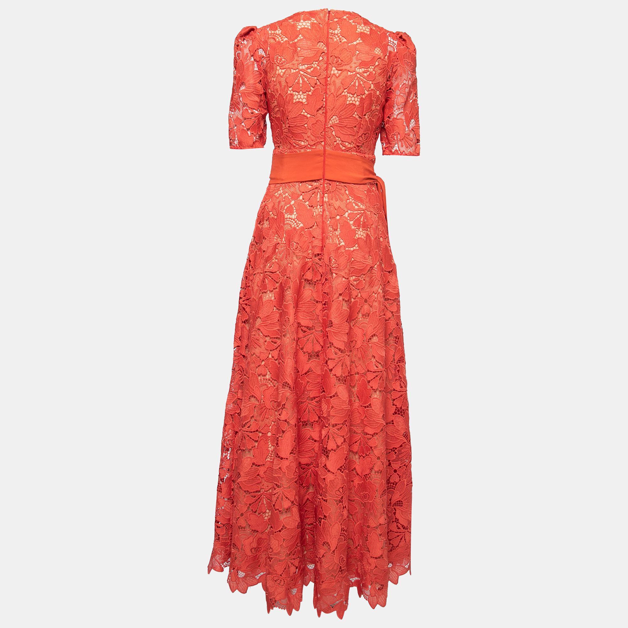 

Elie Saab Sunset Orange Macrame Lace 3/4 Sleeve V Neck Long Dress