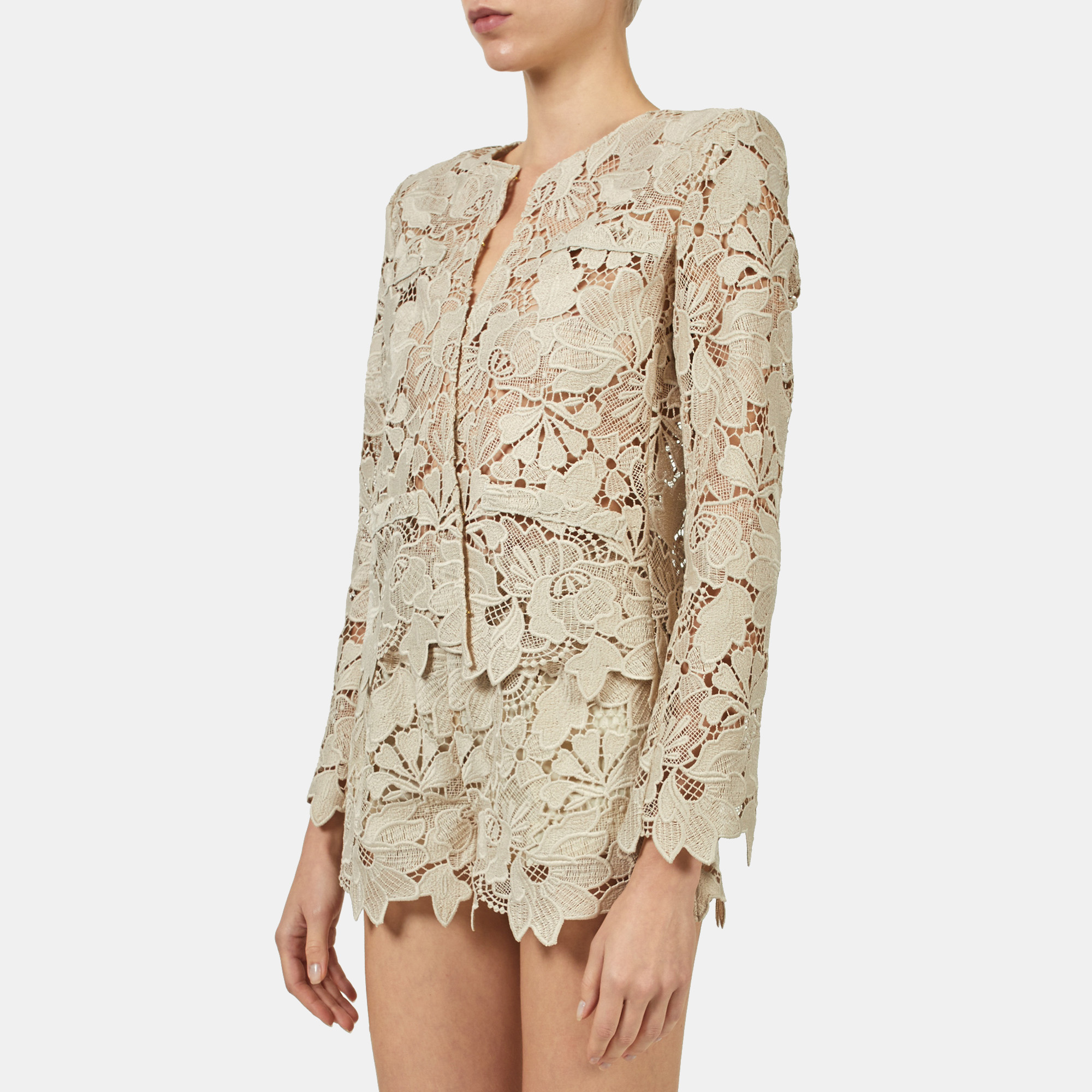 

Elie Saab Castle Wall Macrame Lace Long Sleeve Jacket, Beige