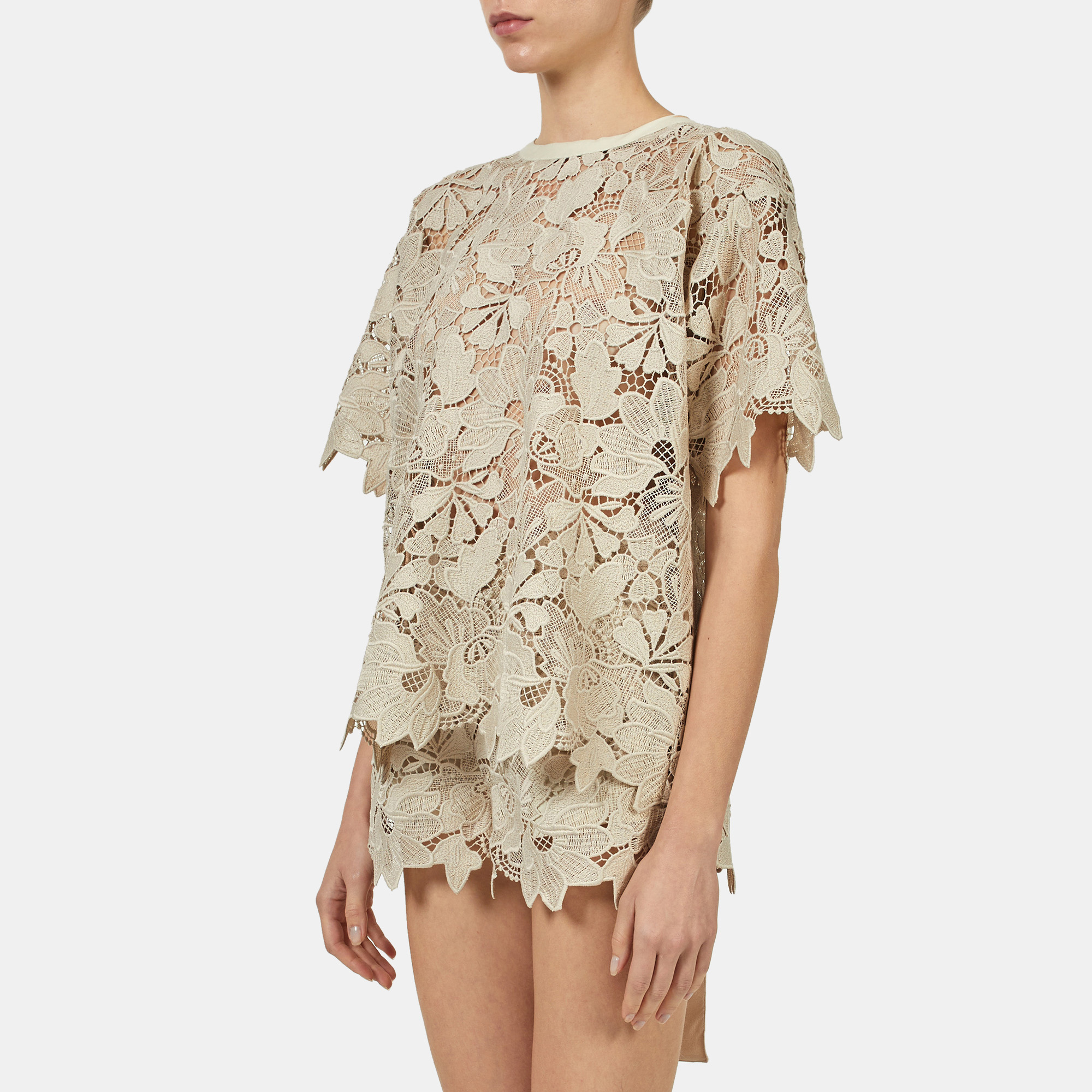 

Elie Saab Castle Wall Macrame Lace Crew Neck Top, Beige