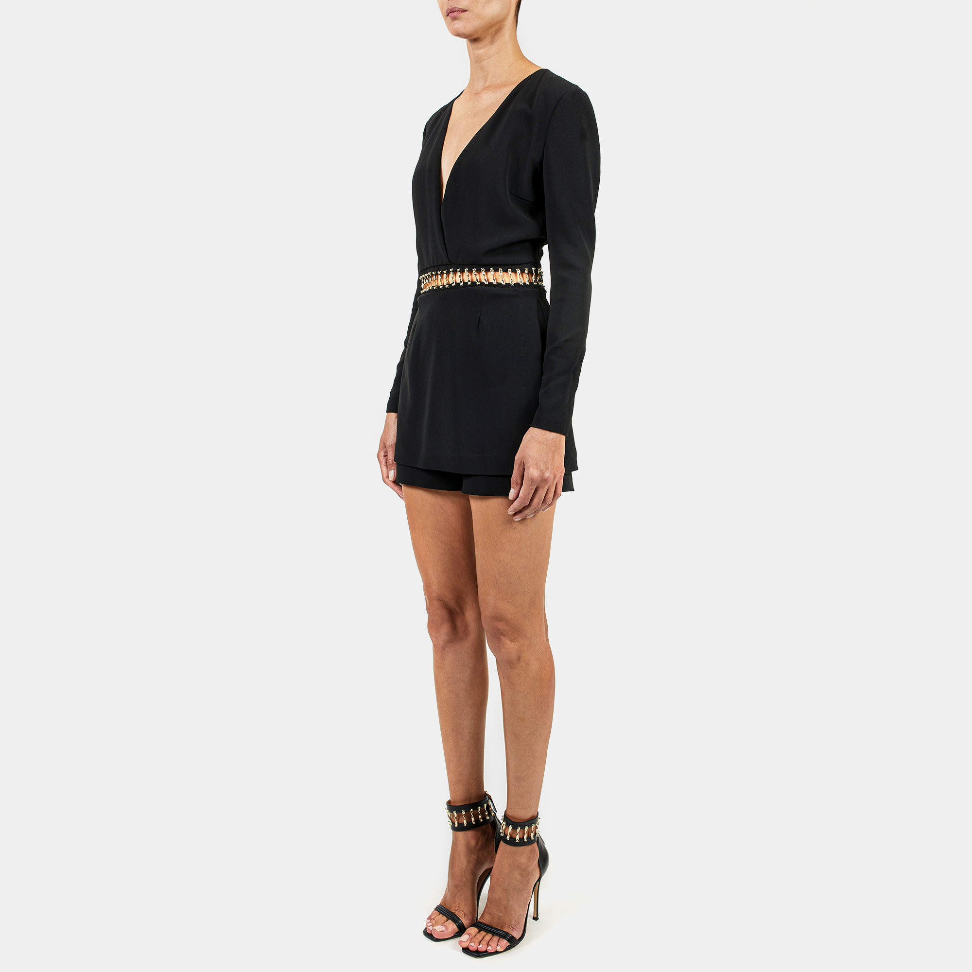 

Elie Saab Black Cady Embellished Waist V Neck Short Jumpsuit