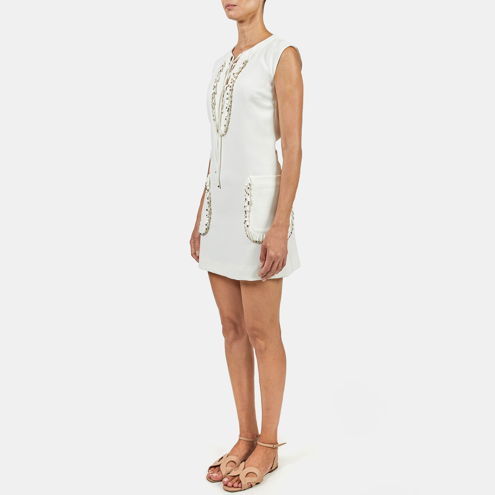 

Elie Saab White Cady Criss Cross Tie Up Sleeveless Short Dress