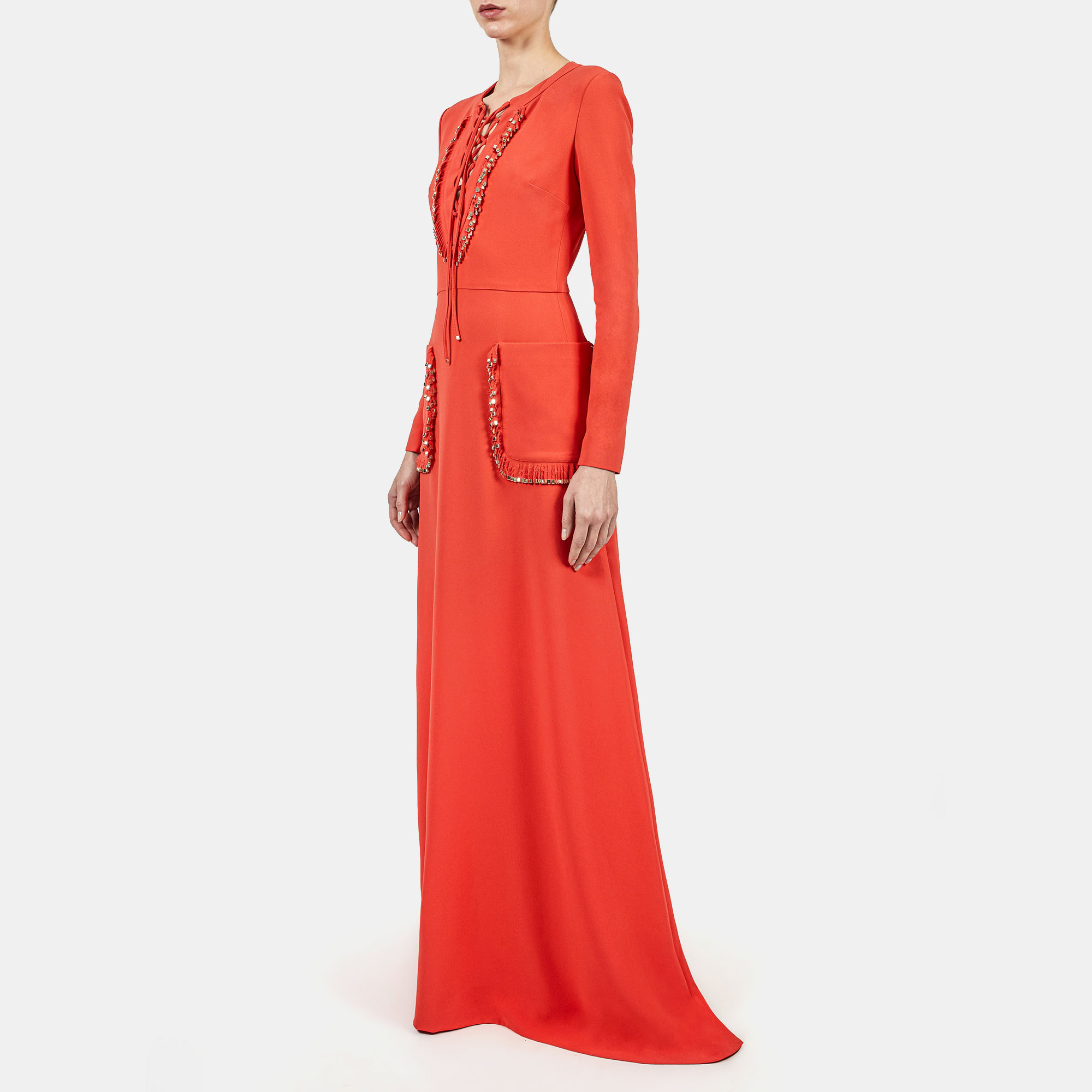 

Elie Saab Sunset Orange Cady Criss Cross Tie Long Sleeve Gown