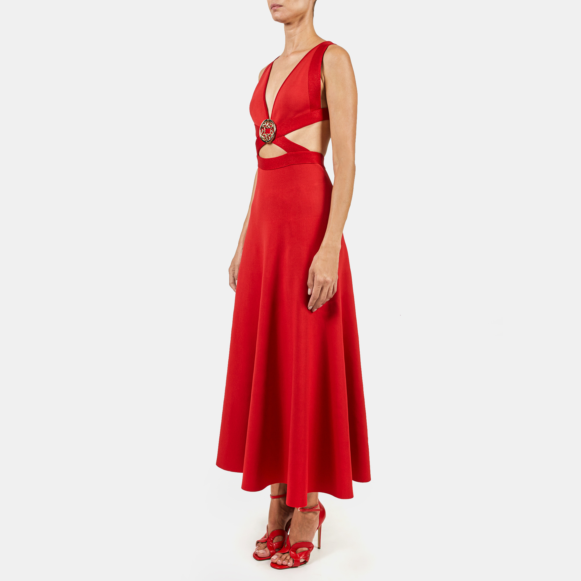 

Elie Saab Flame Red Knit Cut Out Midi Dress