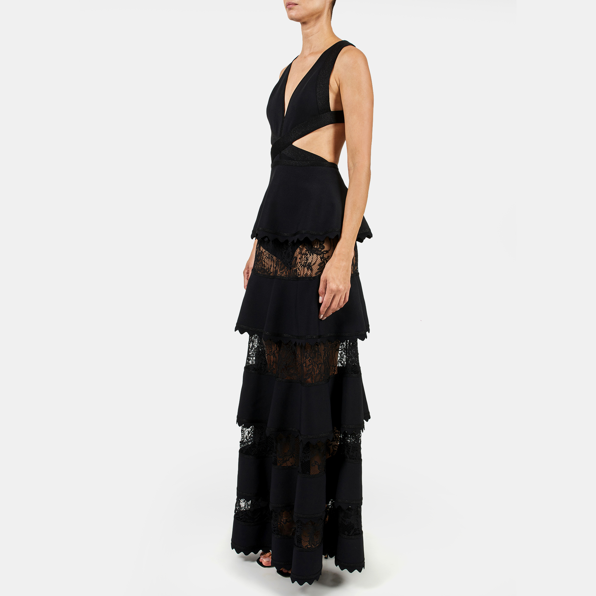 

Elie Saab Black Knit & Lace Cut Out Tiered Dress