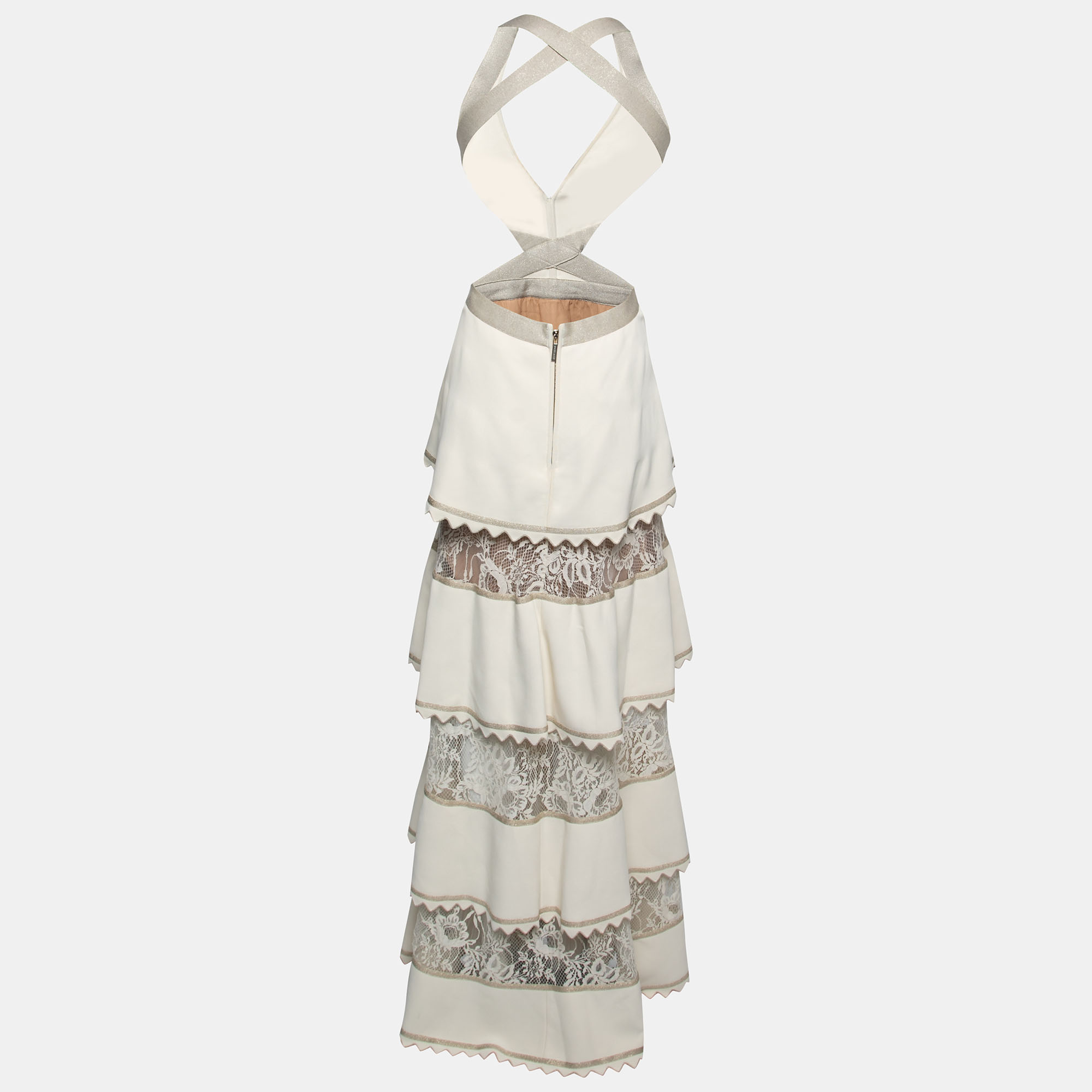 

Elie Saab White Knit & Lace Cut Out Tiered Dress