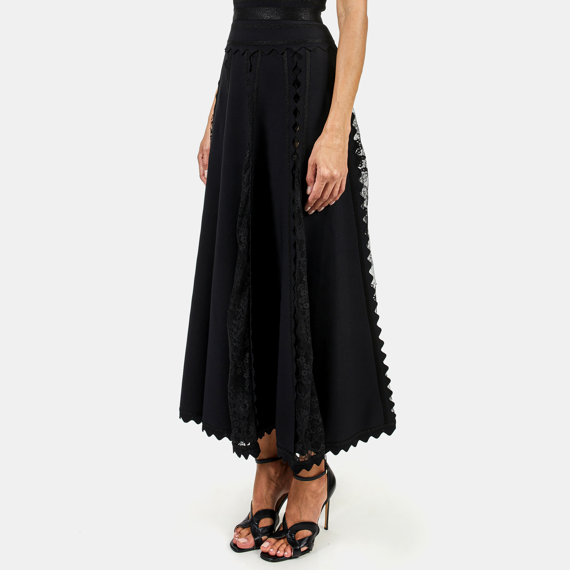 

Elie Saab Black Knit & Lace Inset Flare Midi Skirt