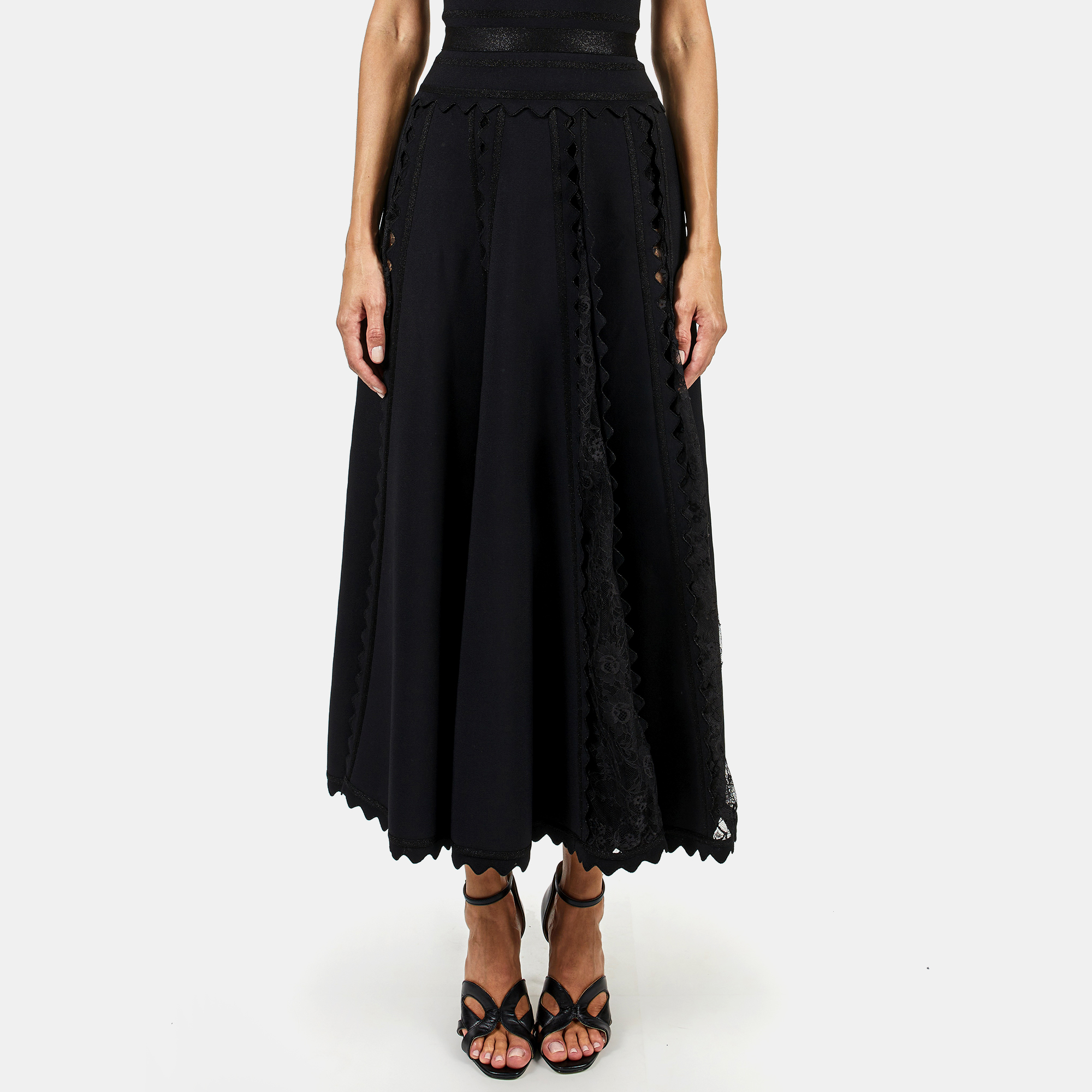 Pre-owned Elie Saab Black Knit & Lace Inset Flare Midi Skirt M